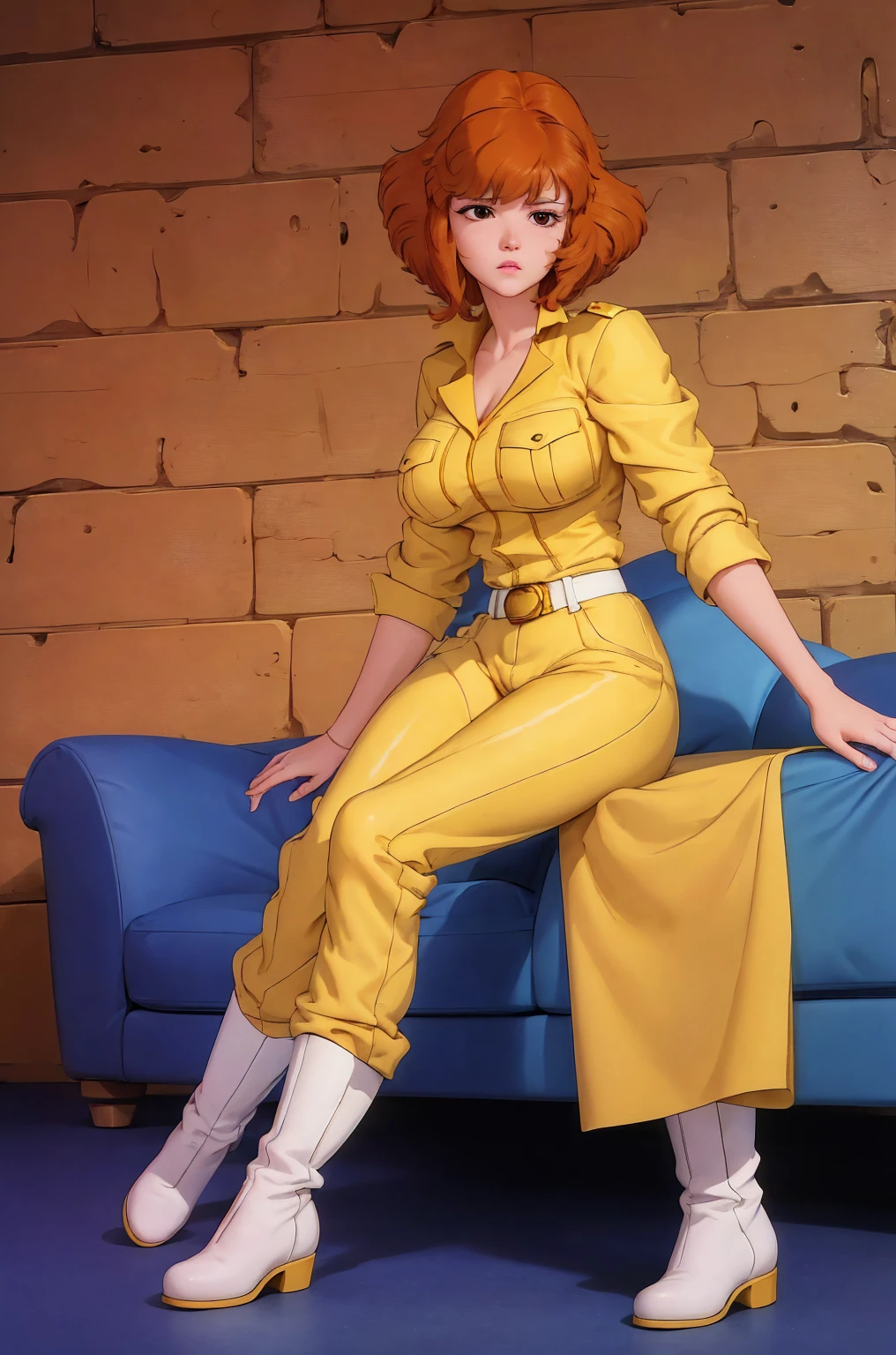 absurdres, april o'neil, 1girl, solo, short brown hair, black eyes, full body, yellow jumpsuit, sleeves rolled up, white belt, high white boots, tight clothes, sitting on sofa, in her room, sad, shy, lies on back, hands on breasts, playing with breasts 