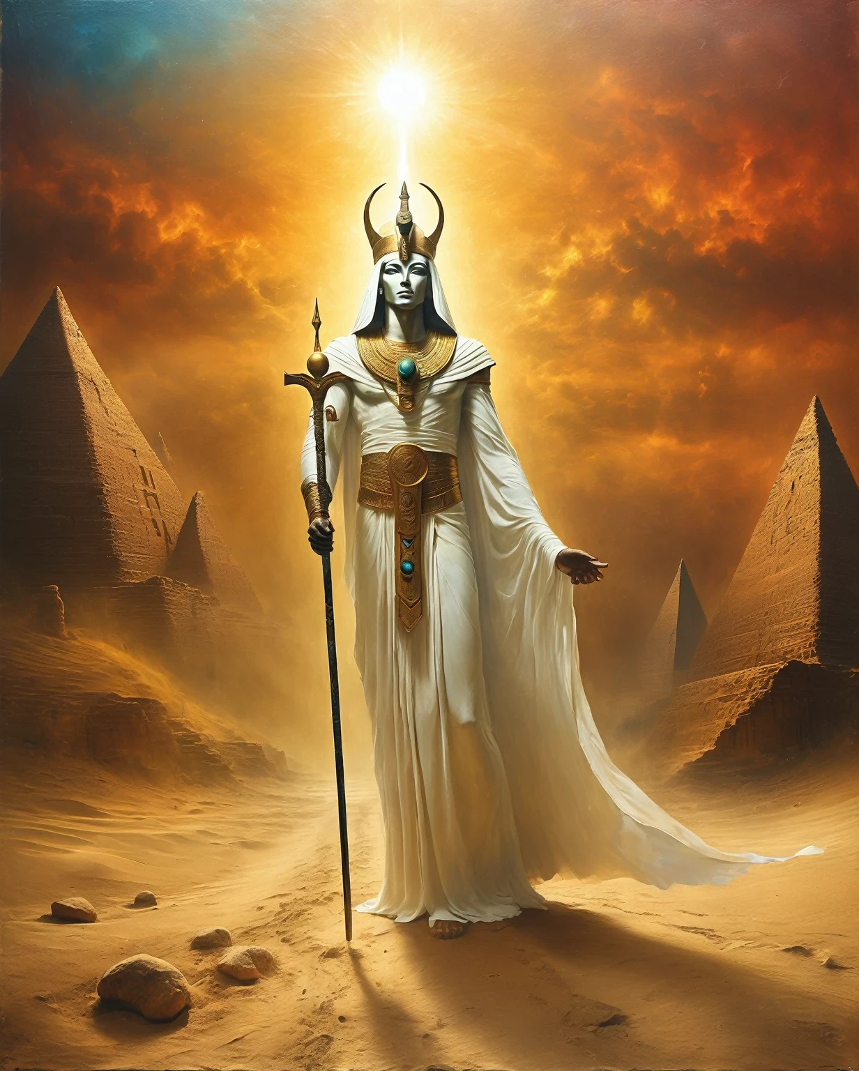 osiris, god of the underworld, ethereal landscape, majestic presence, ancient egyptian mythology, tall and regal figure, glowing eyes, flowing white robes, holding a scepter and ankh, surrounded by hieroglyphs, desert sands, golden rays of sunlight, mystical atmosphere, vibrant colors, soft and warm lighting, spiritual and serene ambiance, artful blend of realism and symbolism, expertly crafted details, intricate patterns, divine aura, magical and otherworldly scenery