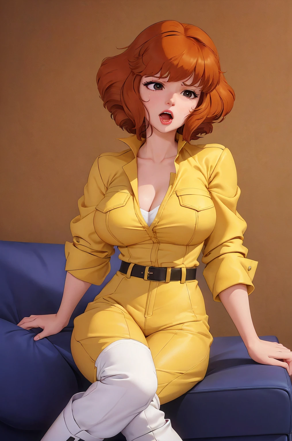 absurdres, april o'neil, 1girl, solo, short brown hair, black eyes, upper body, yellow jumpsuit, sleeves rolled up, white belt, high white boots, tight clothes, sitting on sofa, in her room, sad, shy, hands on her breasts, open mouth, saliva from mouth, saliva on breasts,