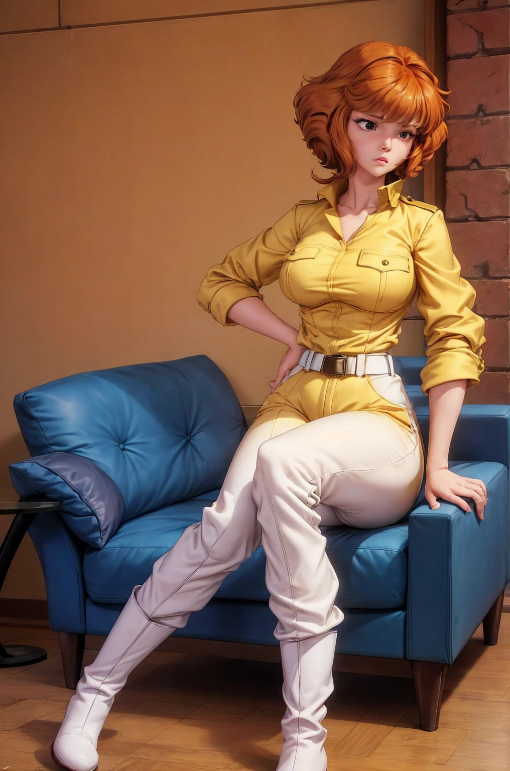 absurdres, april o'neil, 1girl, solo, short brown hair, black eyes, upper body, yellow jumpsuit, sleeves rolled up, white belt, high white boots, tight clothes, sitting on sofa, in her room, sad, shy, hands on her breasts, cameltoe, nipples 