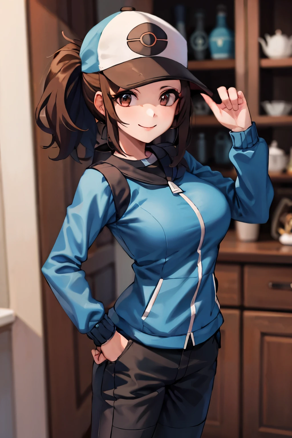 {{masterpiece}},{{best quality}},{{high resolution}},{{caustics}},{{detailed}}, amasterpiece, best quality, 1girl, solo, blue baseball cap, red headwear, blue jacket, black pants, smile, determined, hilda pokemon, ponytail, large breasts, sidelocks, mature