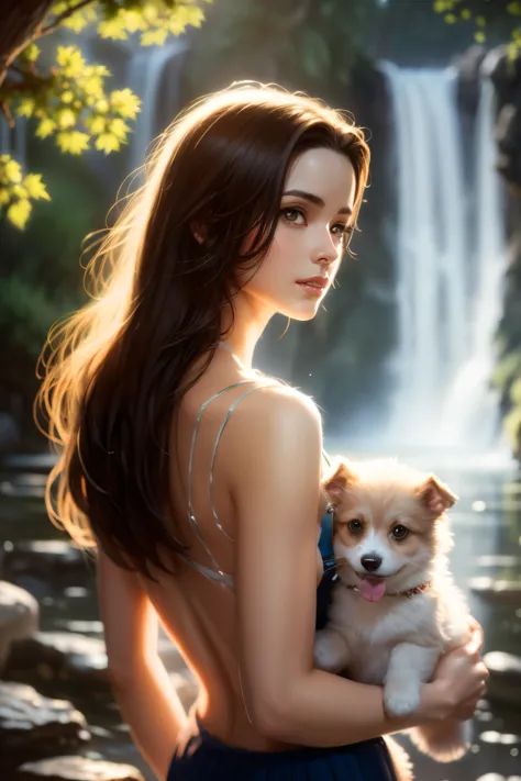 There is a woman holding a dog in front of a waterfall., Detailed painting by Magali Villeneuve, Masterpiece, Highest resolution...