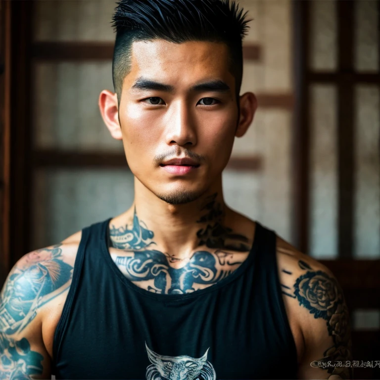 frontal photo Looking straight into the camera,8k quality,, Close-up photo of 25 year old Asian man, very handsome., Mohawk hair,) Wear a dark black t-shirt., Yakuza tattoos, Inside a luxurious coffee shop,  Taken with a high quality camera 45,000,000 pixels, realistic light colors, 