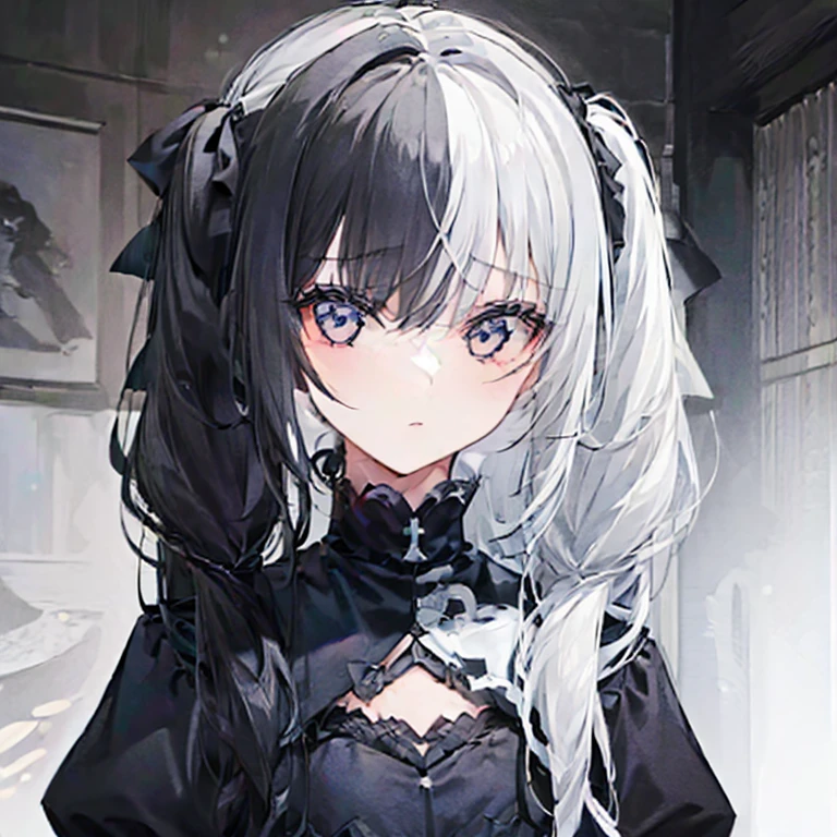 highest quality、highest quality、8k、Ultra-high resolution、highest quality、Very detailed、Perfect Face、Very detailed、Very delicate、1 boy, ((alone))、,Anime Style、church、Twin tails、(One Girl)、Two-tone hair, Black and White,Black and White、2 Tone,(HLFCOL hair girl with black and white hair),(1 girl:1.9),left_right,Night Dark Night
