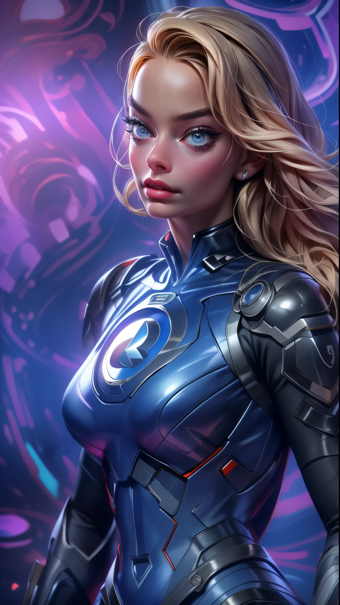 (melhor qualidade,4K,8K,alta resolução,obra de arte:1.2),ultra-detalheed,(melhor qualidade,realista:1.2), Margot Robbie como Sue Storm de Quarteto Fantástico, vestindo terno azul futurista com emblema do quarteto fantástico no peito, características faciais perfeitas, retrato fotográfico, hyper realista, modelo de rosto ideal, corpo todo, pose de super-herói, fujifilm x-t3, 1/1250seg em f/2.8, ISO 160, 84 milímetros, fundo da cidade bokeh. HDR, 8K, absurdos, Cinemastill 800, foco nitído, adicionar_detalhe:2, Ultra HD | | | ((Tiro de corpo inteiro)) adicionar_detalhe:2 (1 mulher, Sozinho)