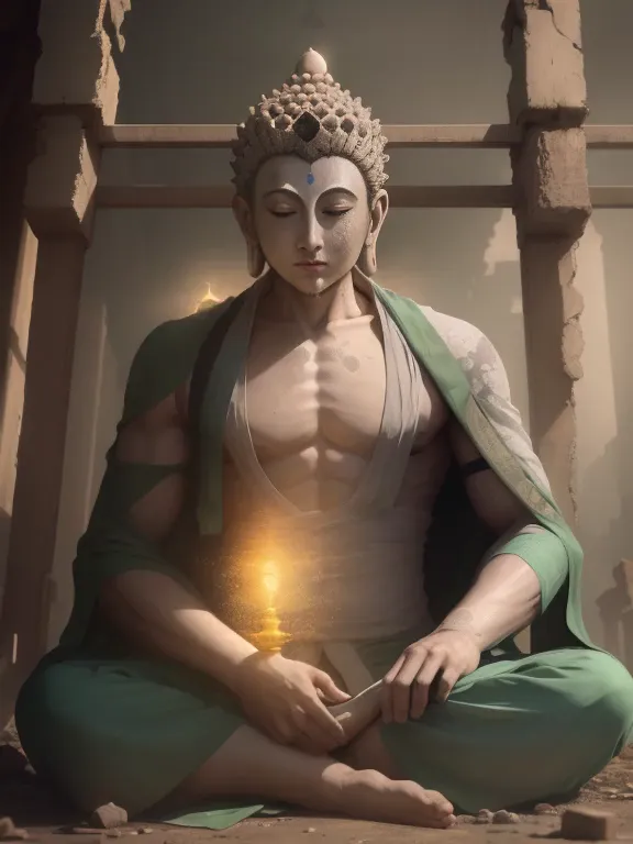 serene sakyamuni buddha, resplendent in tranquility, sits amidst the crumbling ruins. his serene visage, etched with wisdom and ...