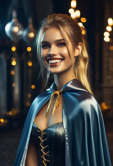 Vampyfangs1,(RAW photo) , 1girl, cute, 20 years old, long blonde hair in ponytail, smiling, look at viewer, ((((silver and gold ...