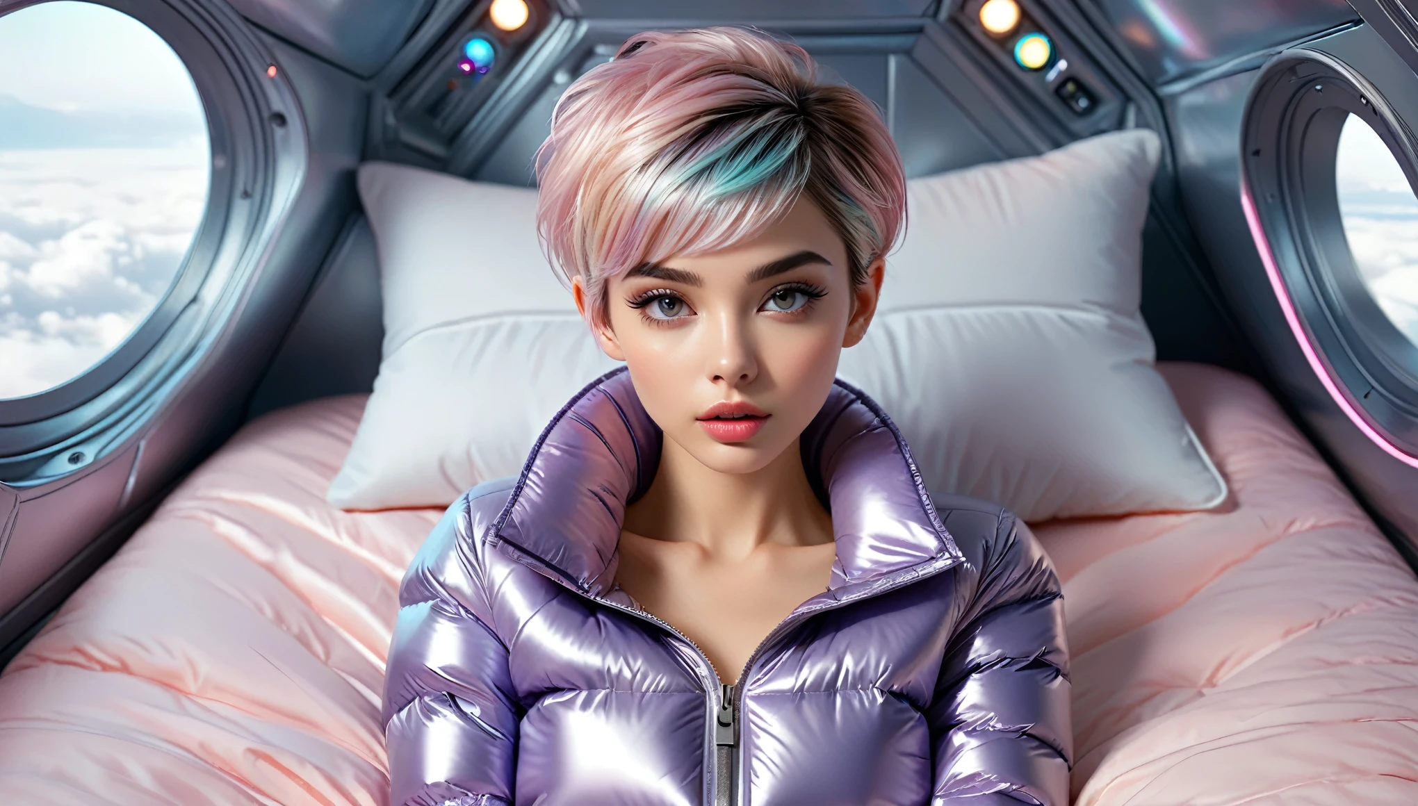 Top Quality, Masterpiece, High Resolution, 8k, wide objective, full body shot, ((skinny girl in a open shiny puffer with wide neckline, short sleeves, small perky breasts, extremely detailed face, detailed eyes, detailed lips, pixie asymmetrical hair, small hips, in a spaceship, on a bed, full body view, pastell colors))