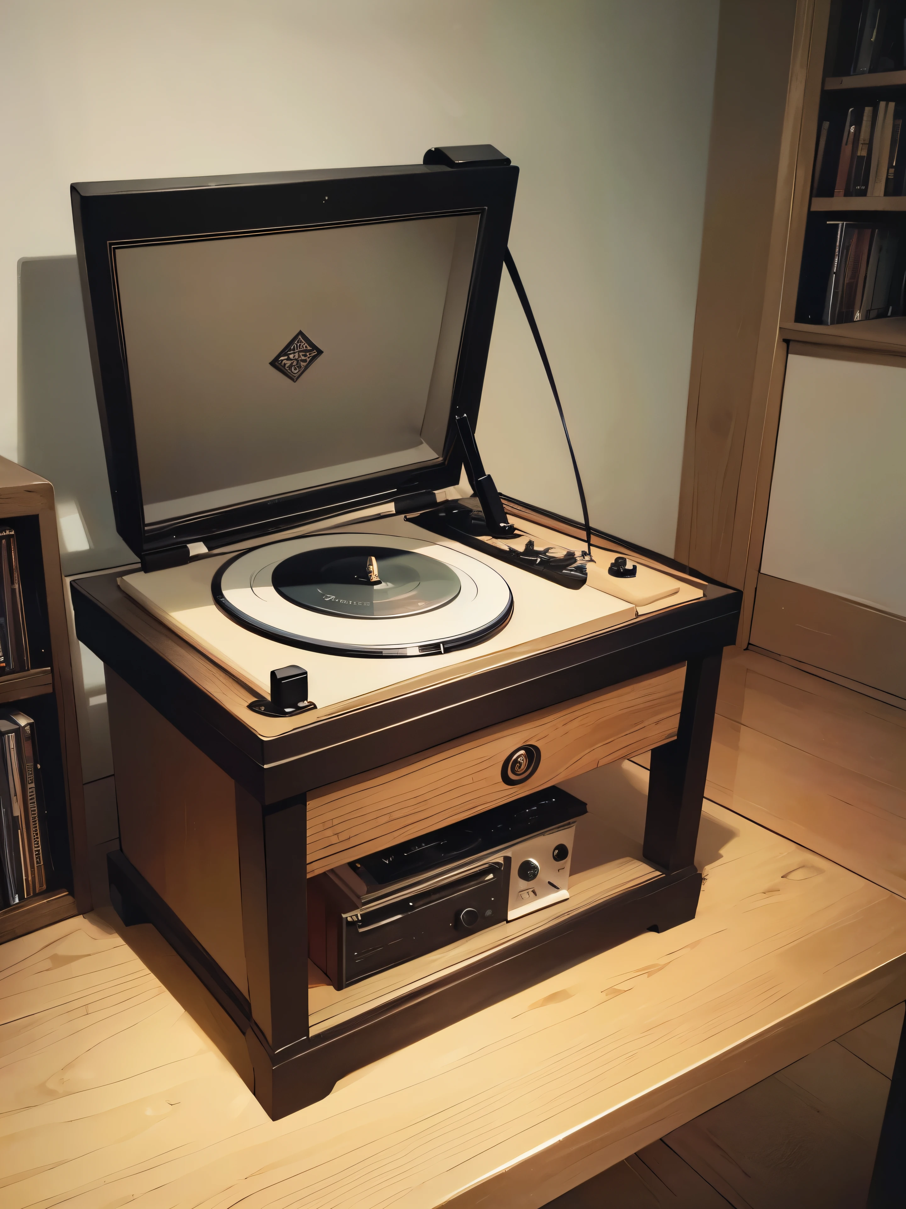 (masterpiece, highest quality, highest quality, Official Art, beautifully、aesthetic:1.2), record player, ,