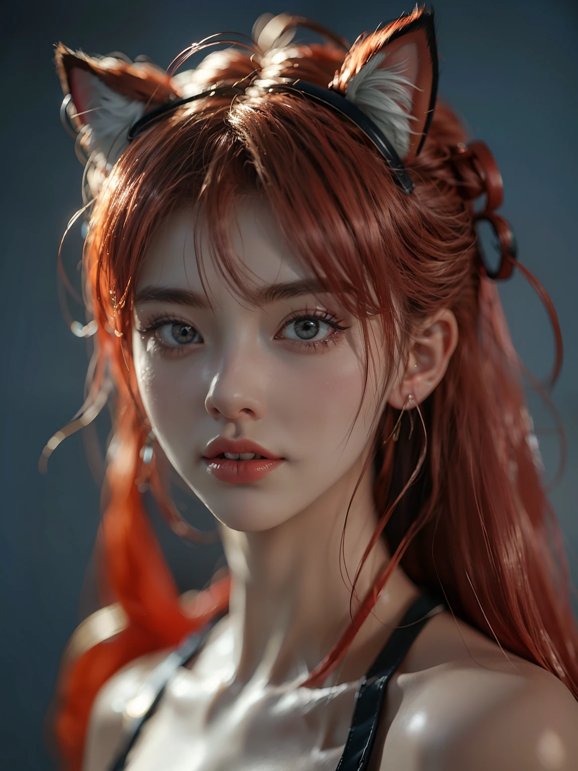 (Top quality, super details: 1.2), muscular body, toned body, abs of steel, anime style, cat ears girl, red hair, hair bobble, wince, long eyelashes, solid circle eyes, fake animal ears , light smile, ear blush, fangs, surrealism, cast shadow, anaglyph, stereogram, tachi-e, throw, atmospheric perspective, 8K, ultra-detailed, accurate, top quality, POP world.
