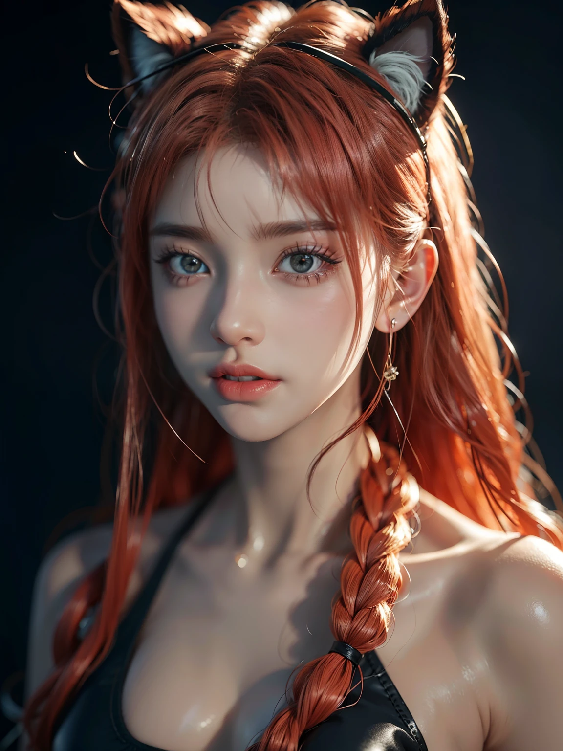 (Top quality, super details: 1.2), muscular body, toned body, abs of steel, anime style, cat ears girl, red hair, hair bobble, wince, long eyelashes, solid circle eyes, fake animal ears , light smile, ear blush, fangs, surrealism, cast shadow, anaglyph, stereogram, tachi-e, throw, atmospheric perspective, 8K, ultra-detailed, accurate, top quality, POP world.
