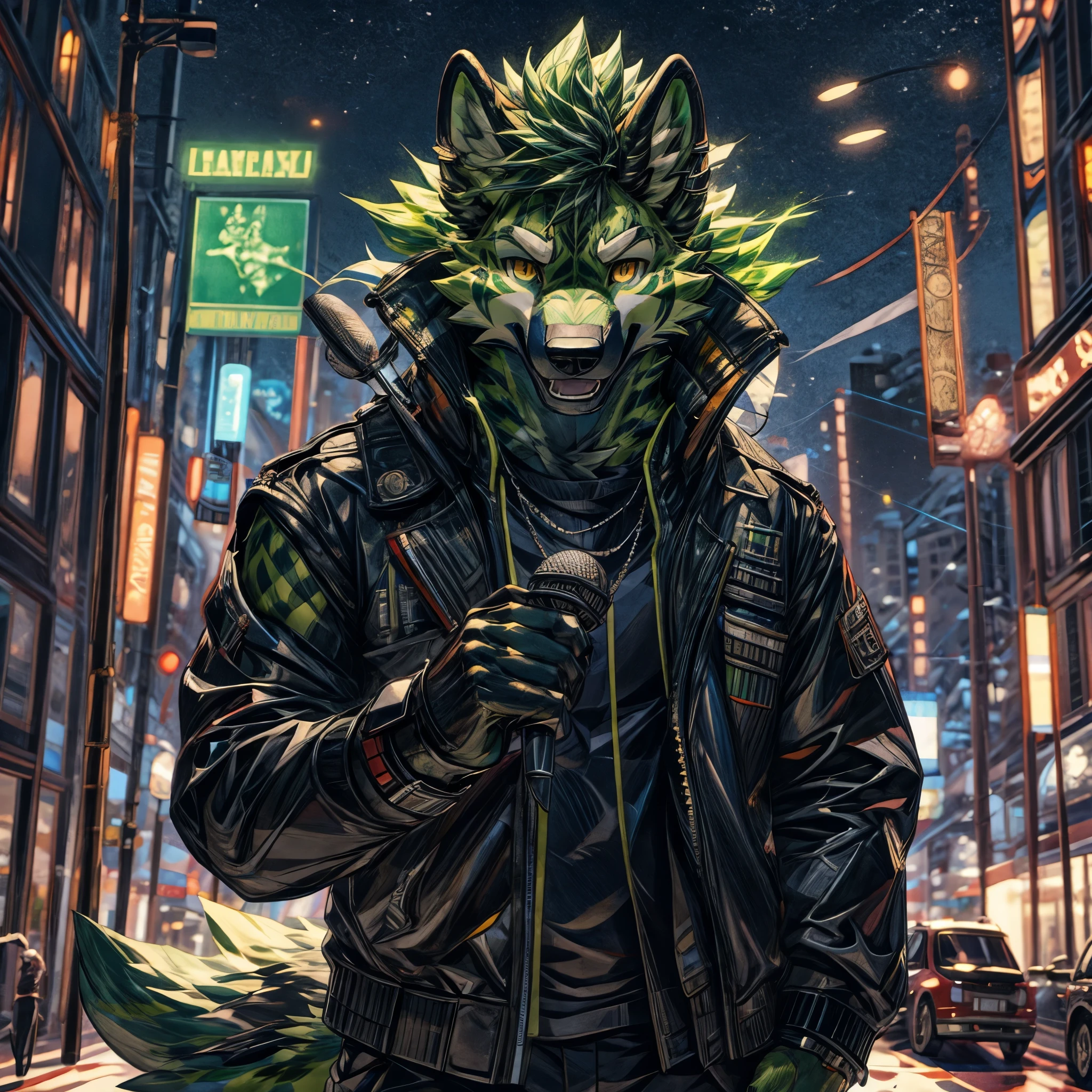 masterpiece,High quality,furry,one man,(green wolf&green hyena),(green fur),yellow eye,blue jacket,(I seriously sing with a microphone),open your mouth wide,cyber punk,city,perfect background