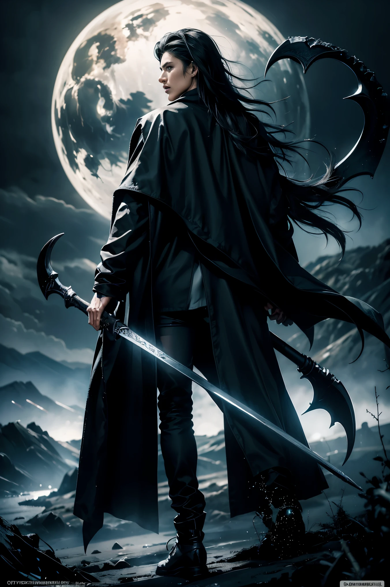 ((masterpiece, highest quality, Highest image quality, High resolution, photorealistic, Raw photo, 8K)), ((Extremely detailed CG unified 8k wallpaper)), Black Grim Reaper, arafed grim with scythe in the dark with a scythe in his hand, grim reaper, man with scythe, the grim reaper, holding a scythe, reminded me of the grim reaper, portrait of grim reaper, back view of the grim reaper, reaper of night!!!!, the reaper, the harbringer of death, the reaper as a scary, 