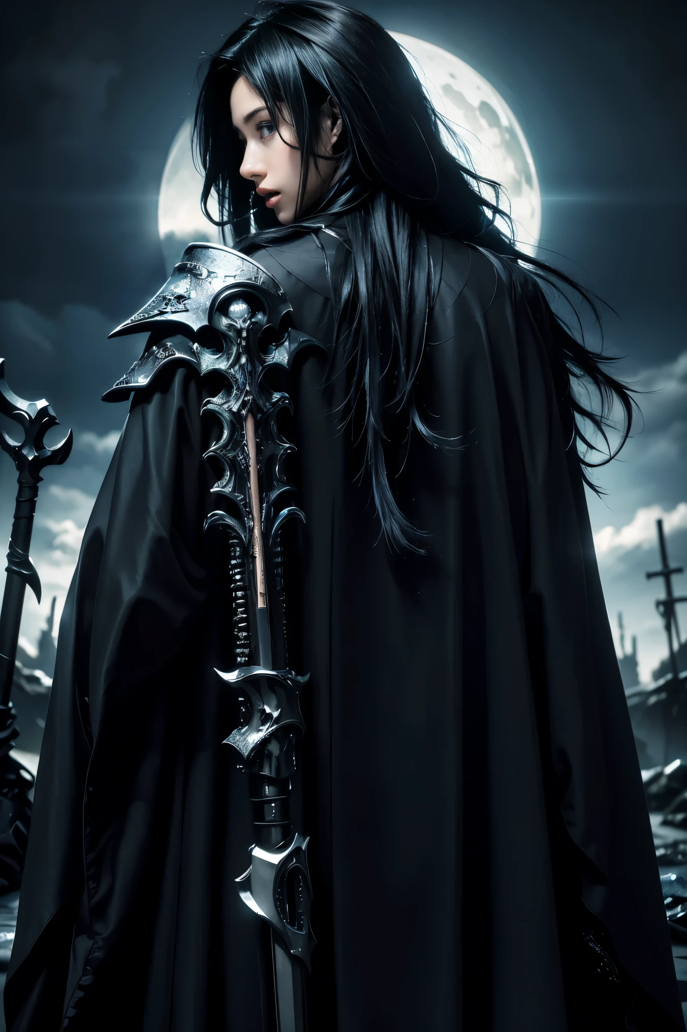 ((masterpiece, highest quality, Highest image quality, High resolution, photorealistic, Raw photo, 8K)), ((Extremely detailed CG unified 8k wallpaper)), Black Grim Reaper, arafed grim with scythe in the dark with a scythe in his hand, grim reaper, man with scythe, the grim reaper, holding a scythe, reminded me of the grim reaper, portrait of grim reaper, back view of the grim reaper, reaper of night!!!!, the reaper, the harbringer of death, the reaper as a scary, 