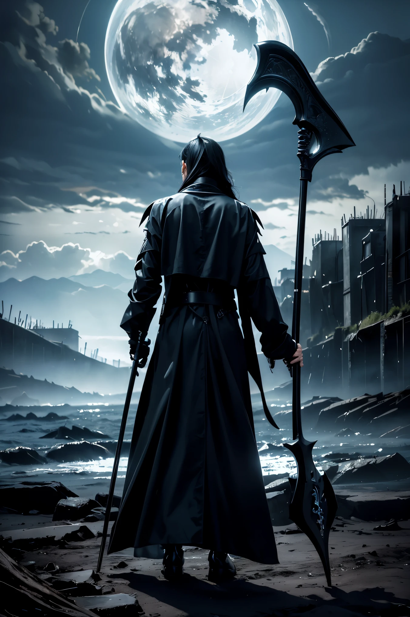 ((masterpiece, highest quality, Highest image quality, High resolution, photorealistic, Raw photo, 8K)), ((Extremely detailed CG unified 8k wallpaper)), Black Grim Reaper, arafed grim with scythe in the dark with a scythe in his hand, grim reaper, man with scythe, the grim reaper, holding a scythe, reminded me of the grim reaper, portrait of grim reaper, back view of the grim reaper, reaper of night!!!!, the reaper, the harbringer of death, the reaper as a scary, 