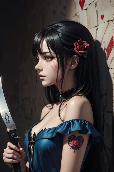 There is girl in the rose garden, she have beatiful face green eyes dark make uo, her hair is black, she dressed in the blue dress and have a heart tattoo on her shoulder, also she hold kitchen knife with blood dripping from it's edge, and ace of hearts an...