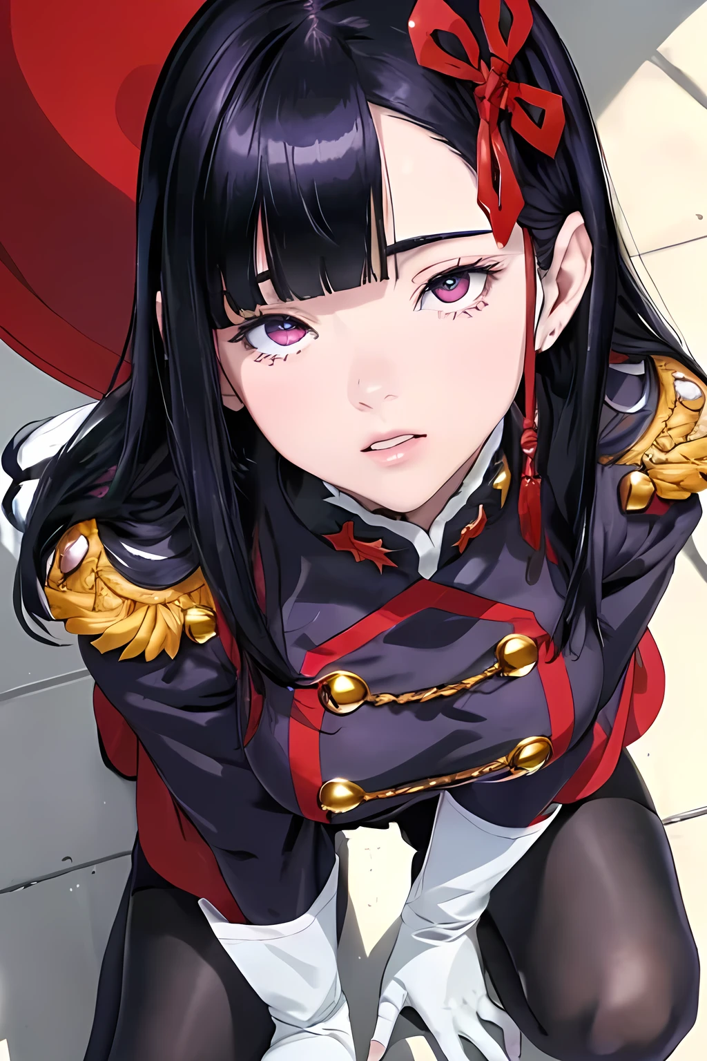 ((best quality)), ((masterpiece)), (detailed), (high resolution), perfect face, 1 Women, (violet slit eyes:1.3), (long black hair), Straight across bangs, (grown-up face:1.4), parted lips, medium breasts, lower body, (leaning forward:1.3), Stimulating, (anime coloring:1.1), (high angle:1.5), (Two old men:1.4), Stimulating, (man touch buttocks:1.4), (Yamashiro Ren), Mato Seihei no Slave, motion lines, motion blur, bouncing breasts , blunt bangs, hair ornament, add more details, military uniform, epaulettes, leashed pov , white gloves, looking at viewer, red cape, black pantyhose, long hair hair over one eye, masterpiece, hair ribbon, soles,