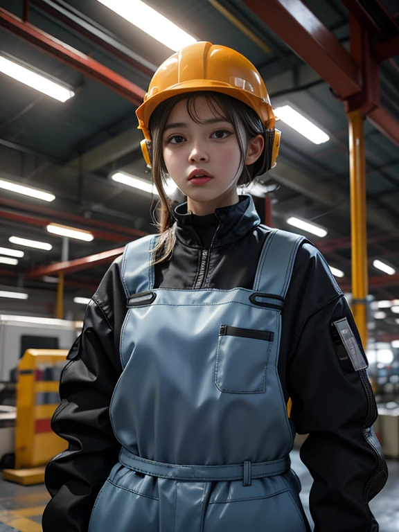 An illustration of an industrial robot that performs automatic welding in a large automobile factory. A young female worker with a helmet stands in front of her