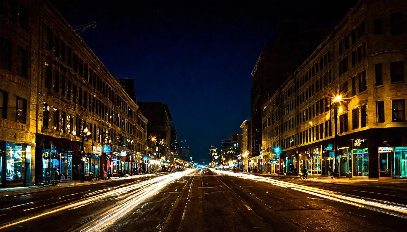 "Urban street at night with city lights"