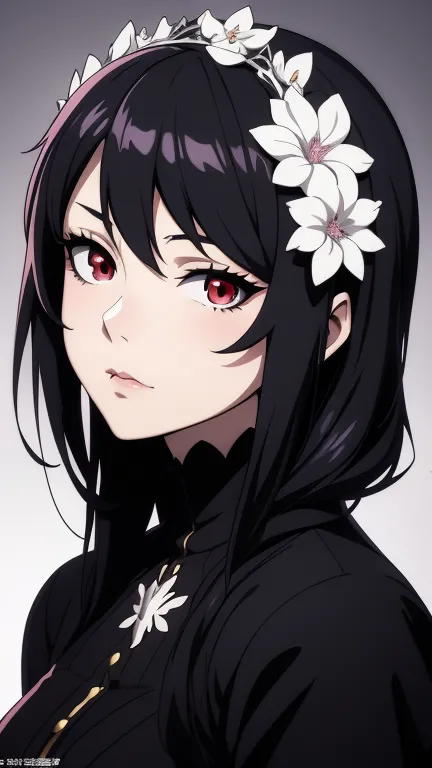 anime girl with black hair and red eyes wearing a flower crown, artwork in the style of guweiz, guweiz, detailed portrait of ani...