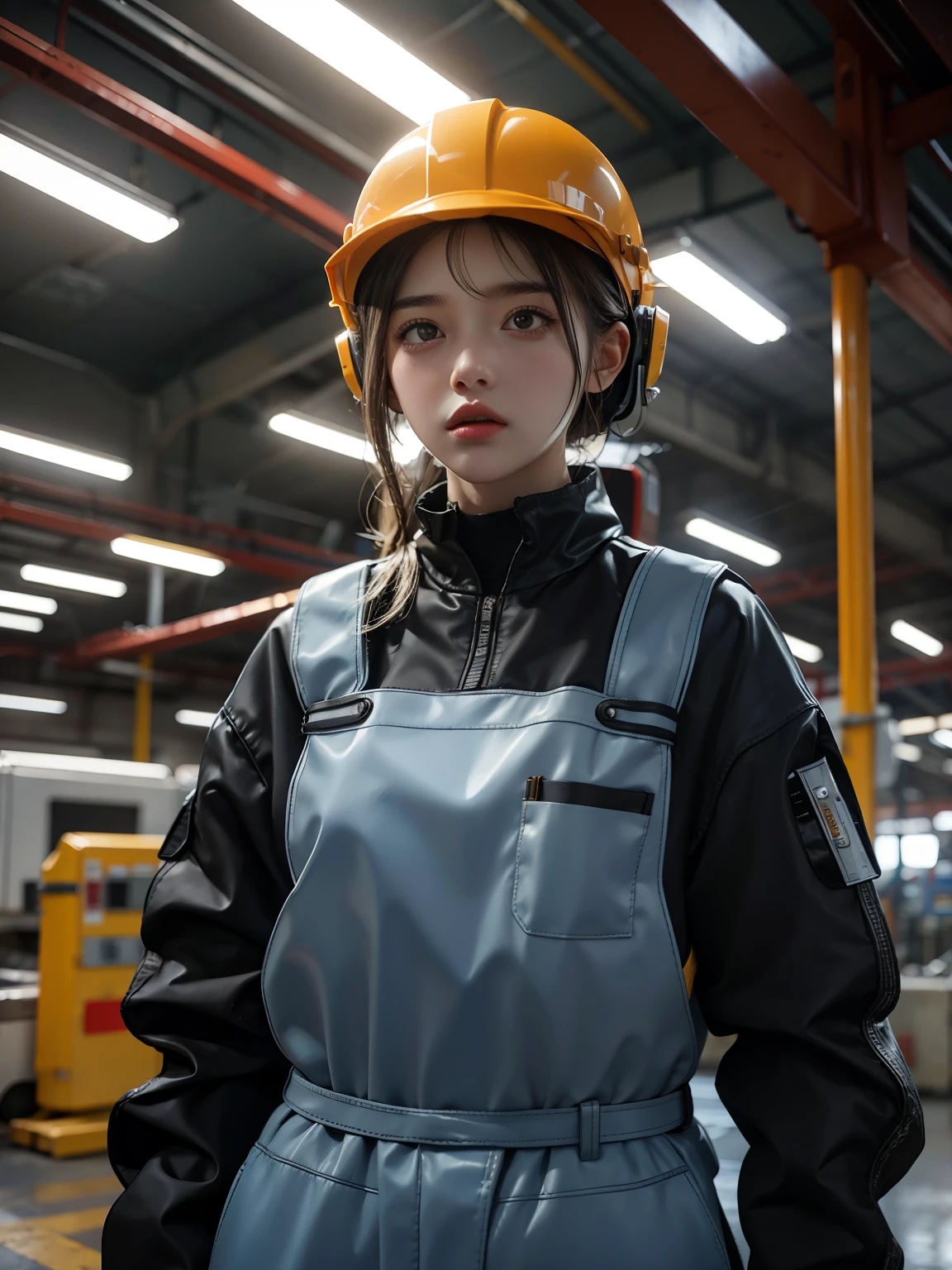 An illustration of an industrial robot that performs automatic welding in a large automobile factory. A young female worker with a helmet stands in front of her