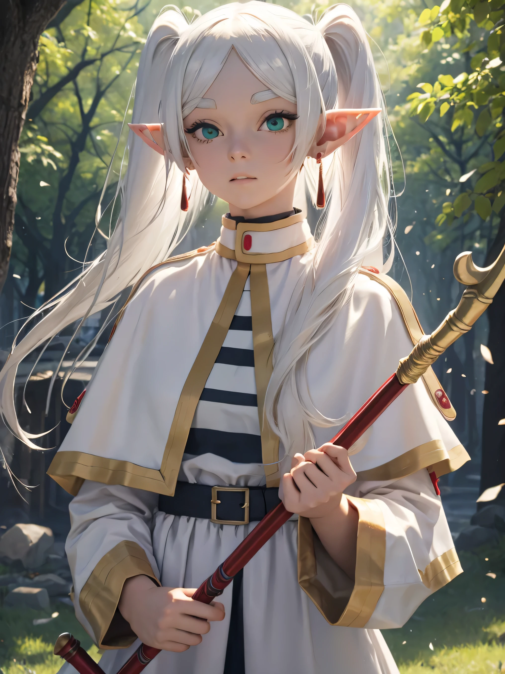 1girl,blood,blood on clothes,capelet,dangle earrings,debris,drop earrings,earrings,elf,green eyes,holding,holding staff,jewelry,looking at viewer,mage staff,magic,parted bangs,pointy ears,shirt,solo,staff,striped clothes,striped shirt,thick eyebrows,twintails,white capelet,white hair