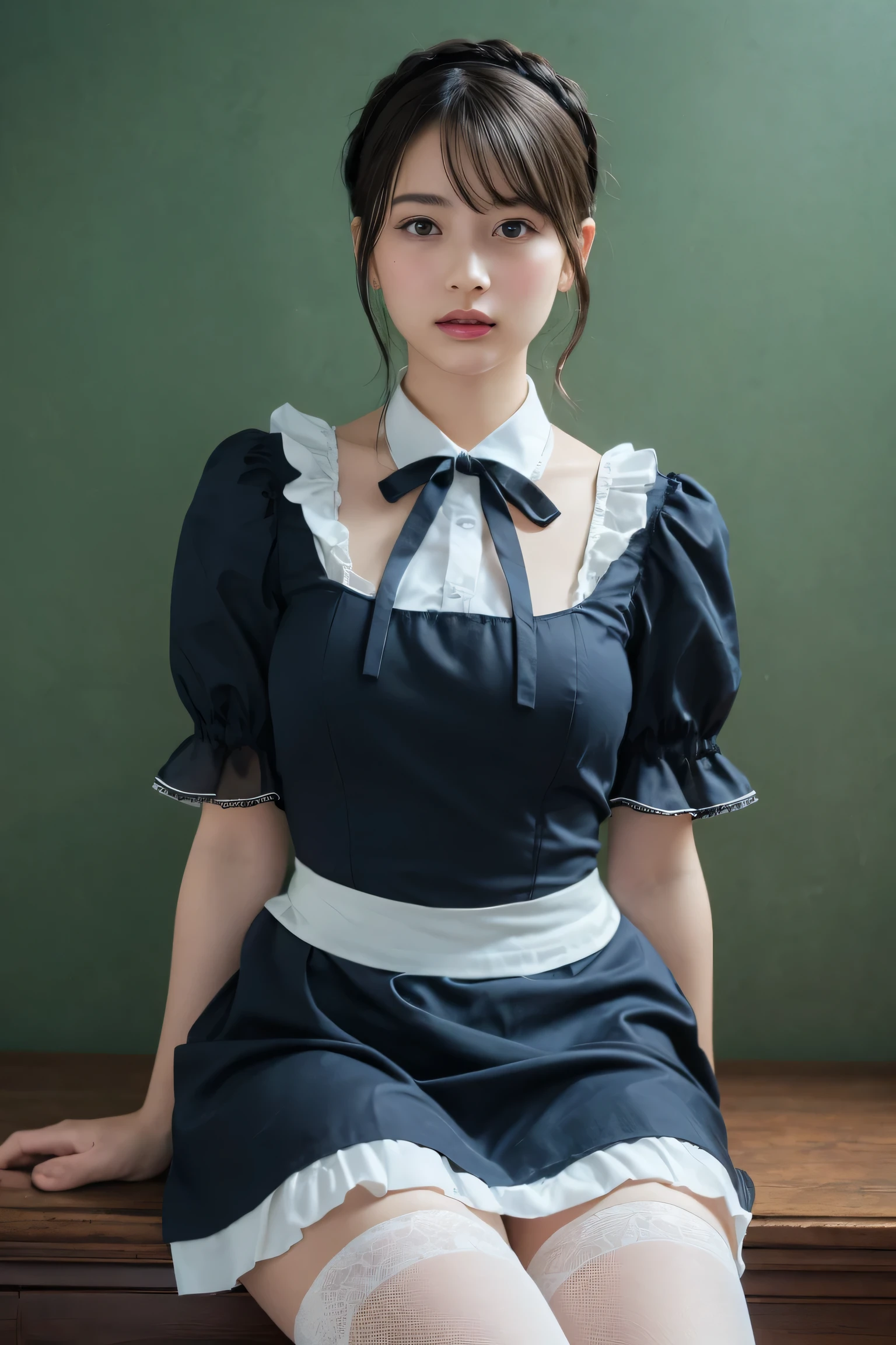 highest quality, masterpiece, Ultra-high resolution, (Realistic: 1.4), RAW Photos, 1 girl, British maid, Ruffled Maid Headband, ponytail, Braided hair, Victorian style black dress, Ribbon tie, White apron, Long skirt, Puff sleeves, White silk stockings, Black strap shoes, Glowing Skin, Stand politely with your legs straight, Corridor with dark green and gray wallpaper, Sitting in a stately mansion