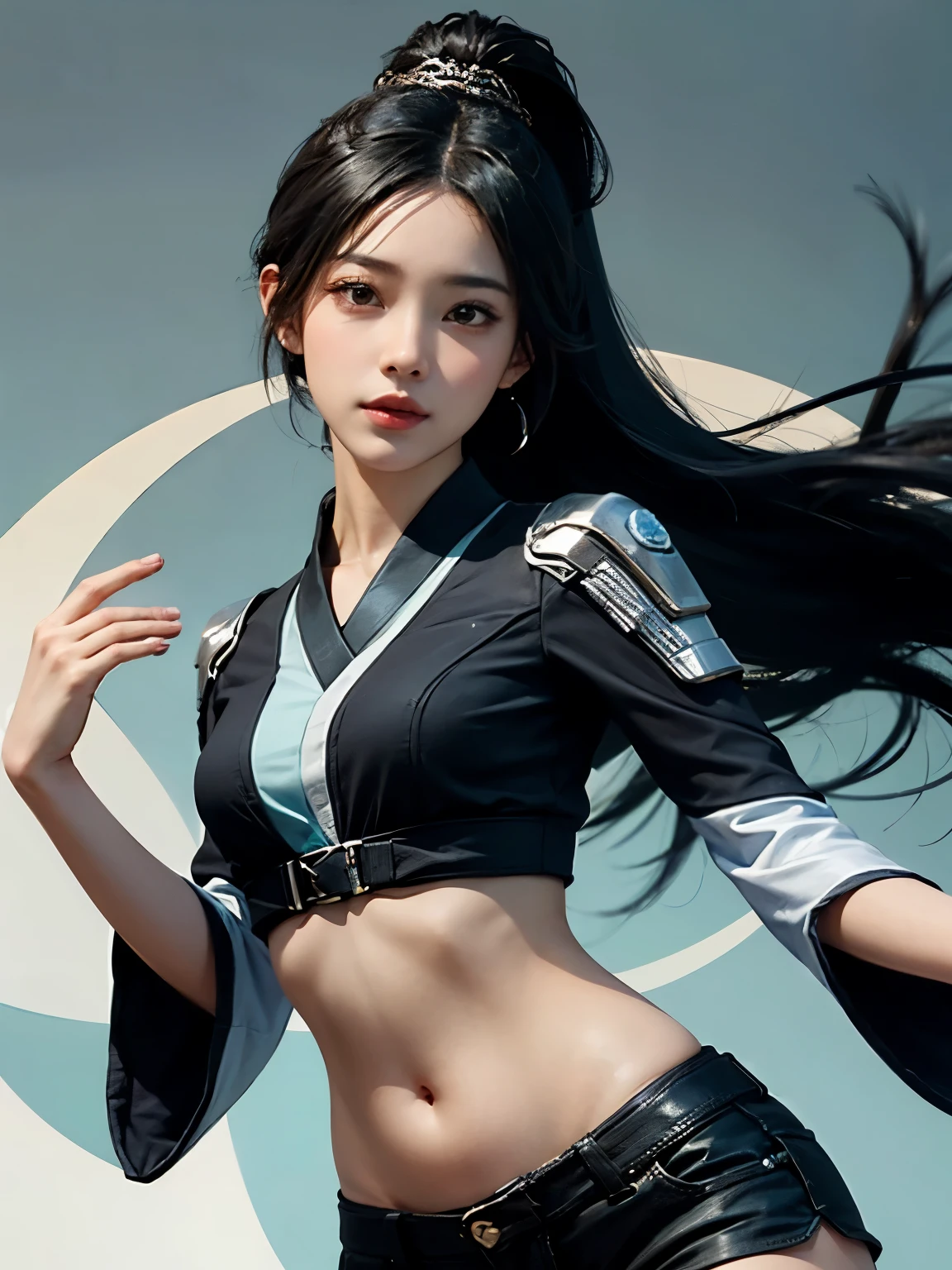 ((best quality)), ((masterpiece)), (detailed), perfect face. Black hair. Anime girl. Asian girl. Black eyes. Belly. Short pants.