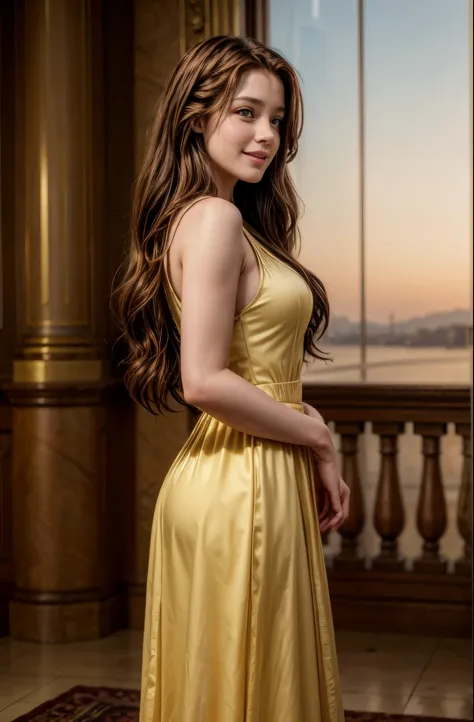 movie stills (((full body photo))) 21 year old girl, disney bell, smile, long brown hair, yellow dress, elbow hand pockets, jewe...