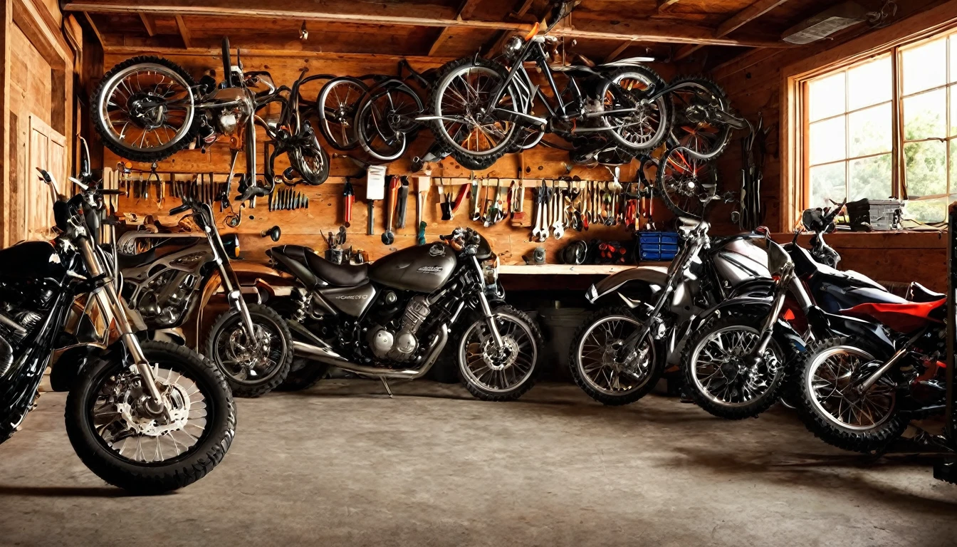"Motorcycle garage with tools and bikes"