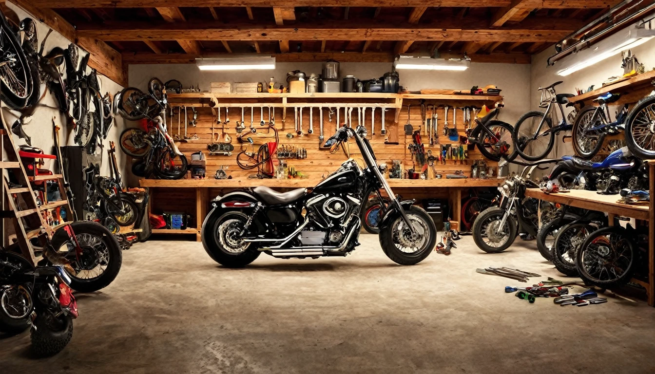 "Motorcycle garage with tools and bikes"