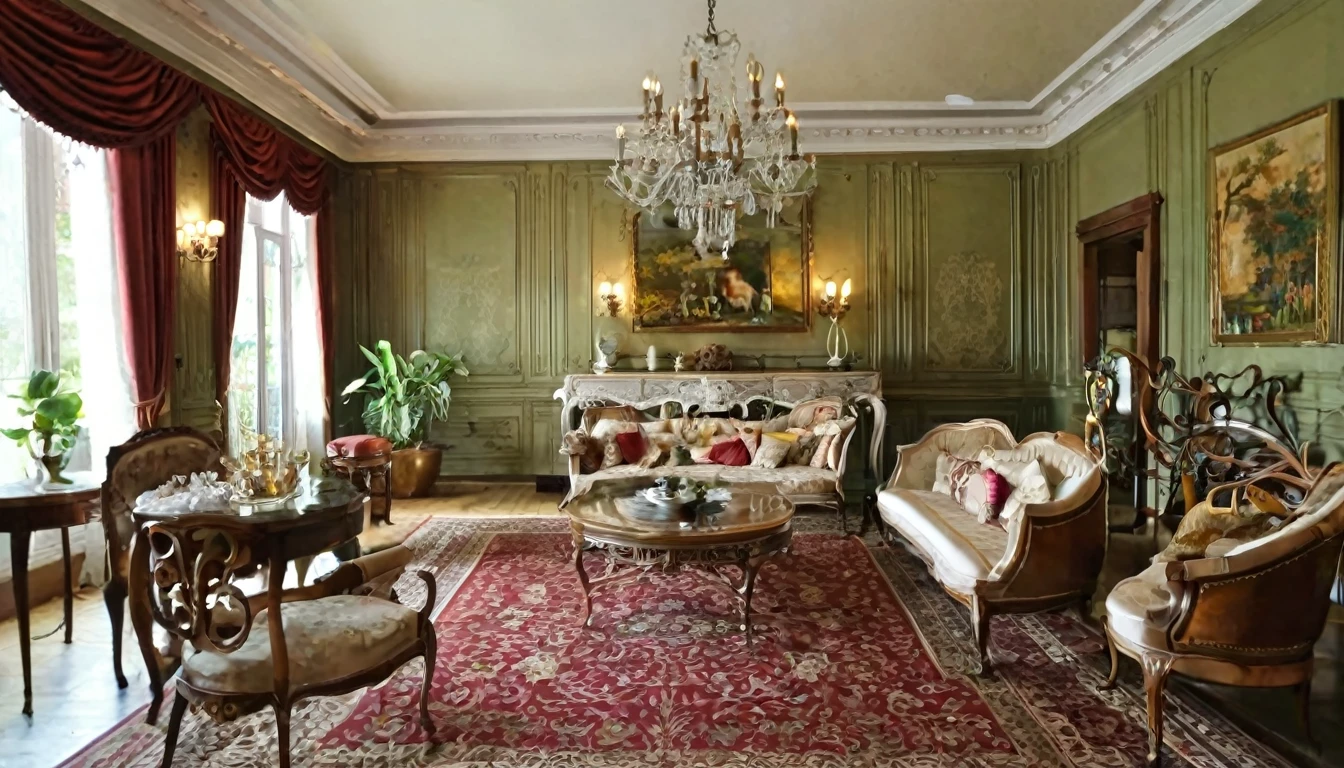 "Elegant mansion interior with vintage furniture"
