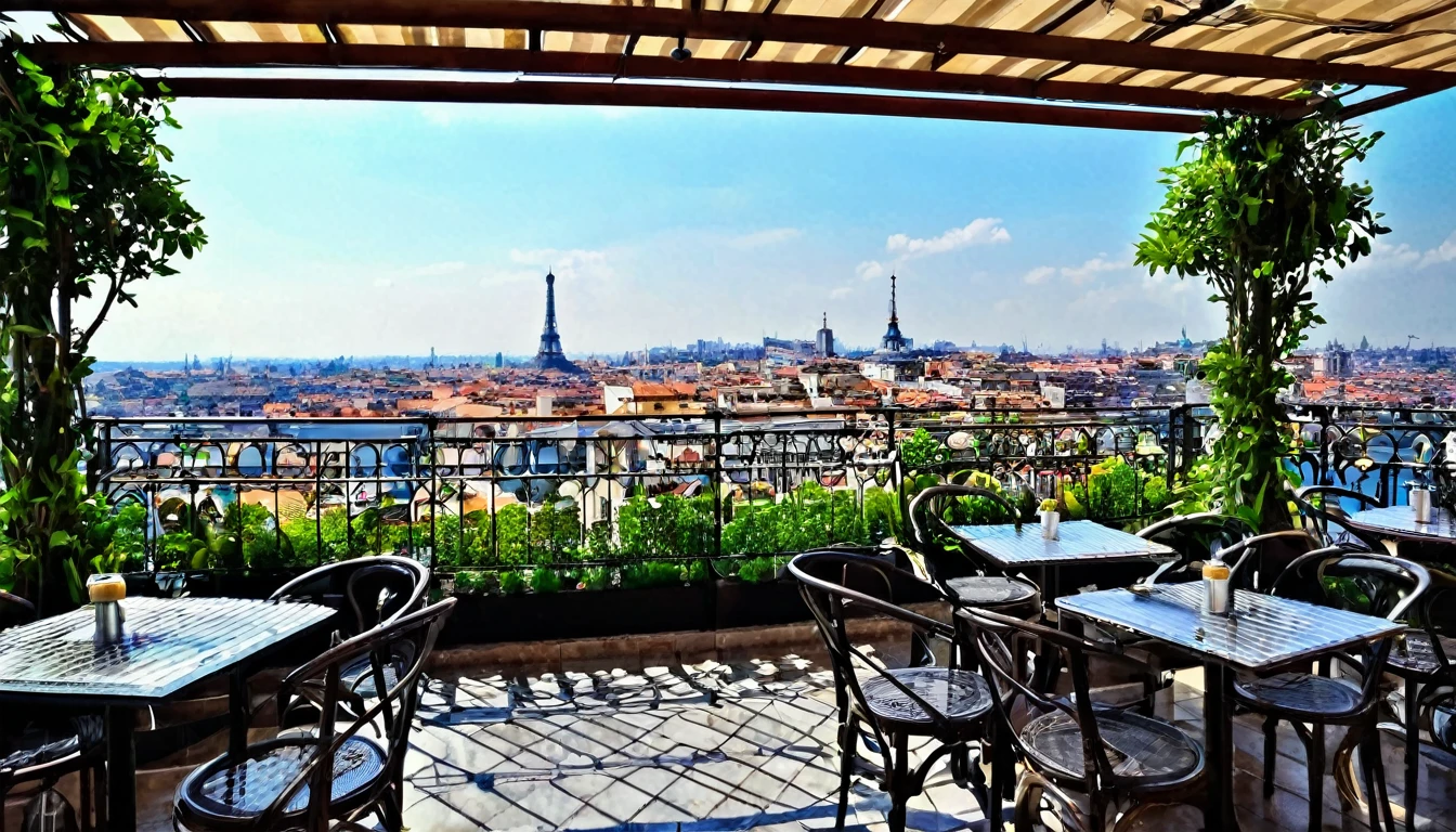 "Chic cafe terrace with a beautiful city view"