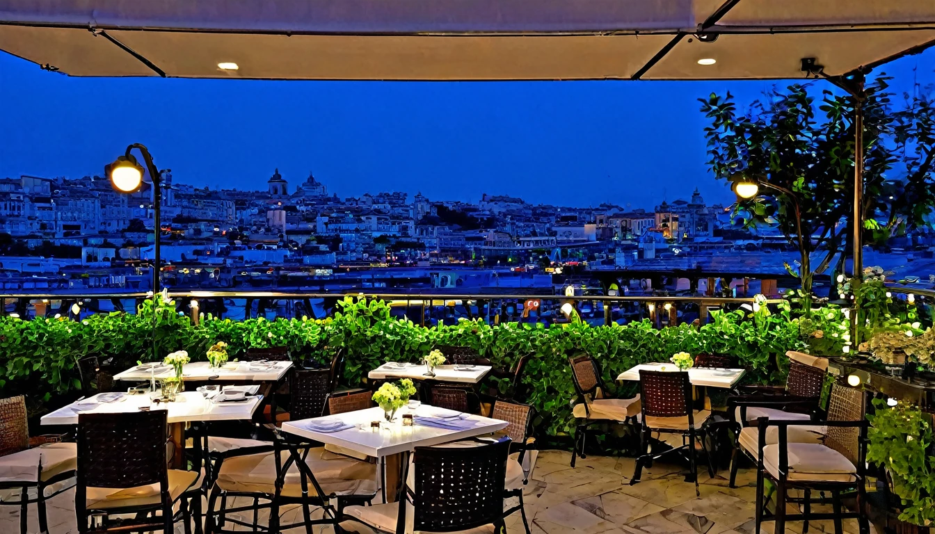 "Chic cafe terrace with a beautiful city view"
