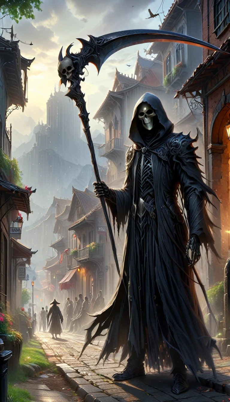 dark and doomy, post-apocaliptic world, dark and moody black grim reaper with the great death scythe, detailed, detailed face of reaper, 