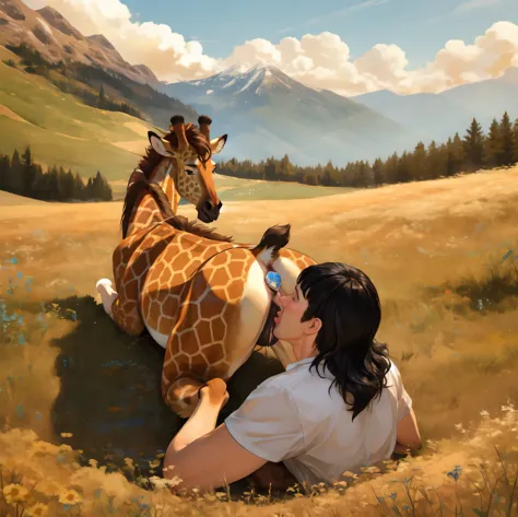feral giraffe, female, horse pussy, buttplug, pussy juice, day, mountain on the background, rain, on the field, panties pulled d...