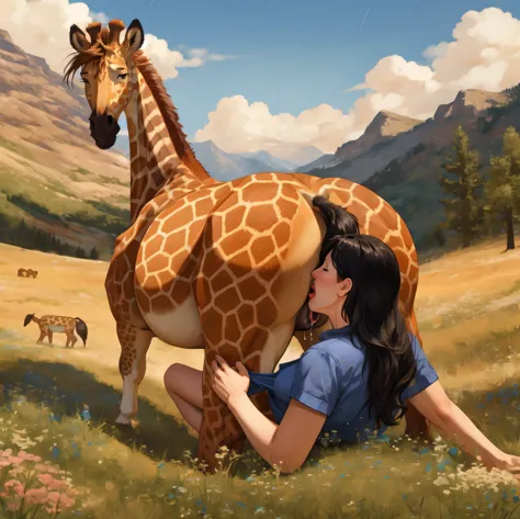 feral giraffe, female, horse pussy, buttplug, pussy juice, day, mountain on the background, rain, on the field, panties pulled d...