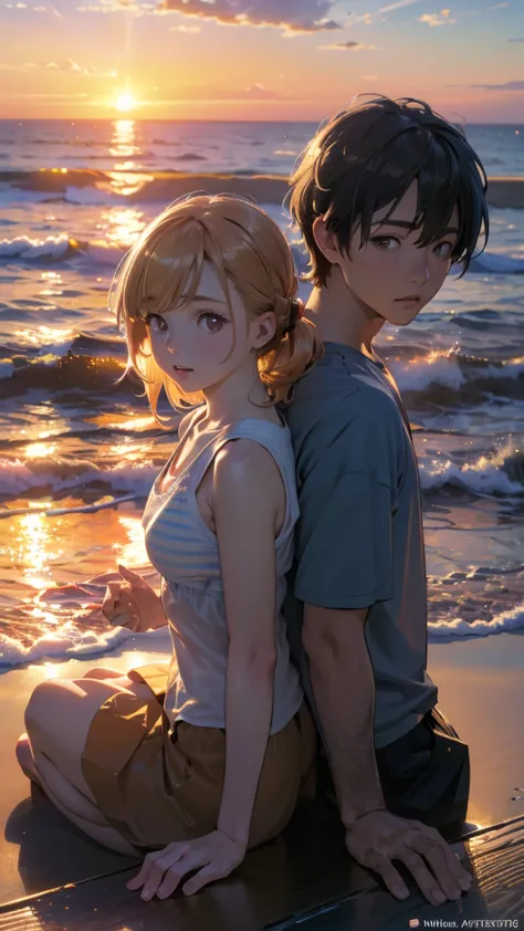girl and boy together, sitting together, back to back, facing the beach, gazing at the sunset, anime-style. (best quality,4k,8k,...
