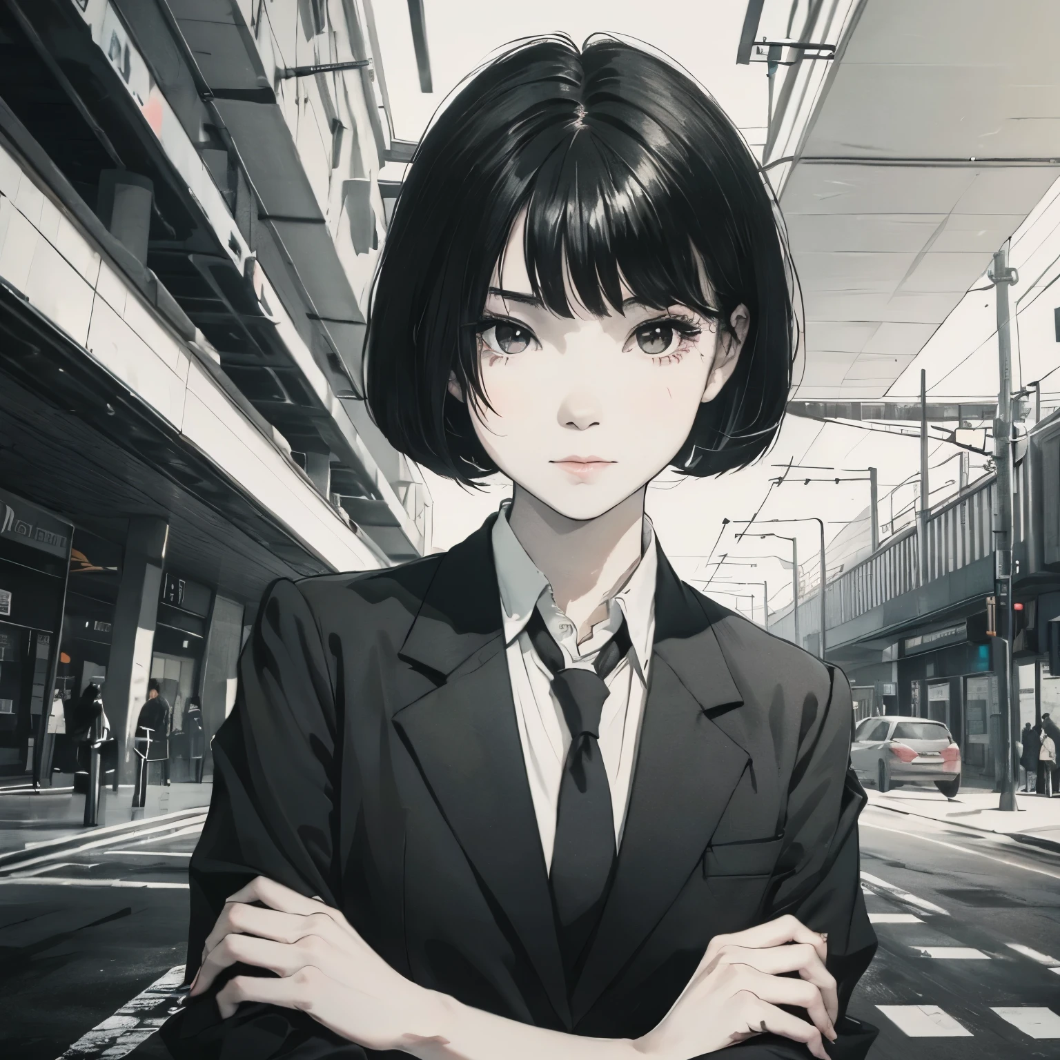 ((solo, 1girl)), face, asian, standing, , black blazer, black pleated skirt, red bow on collar, bob short hair, bob haircut:1, average height, black hair,
