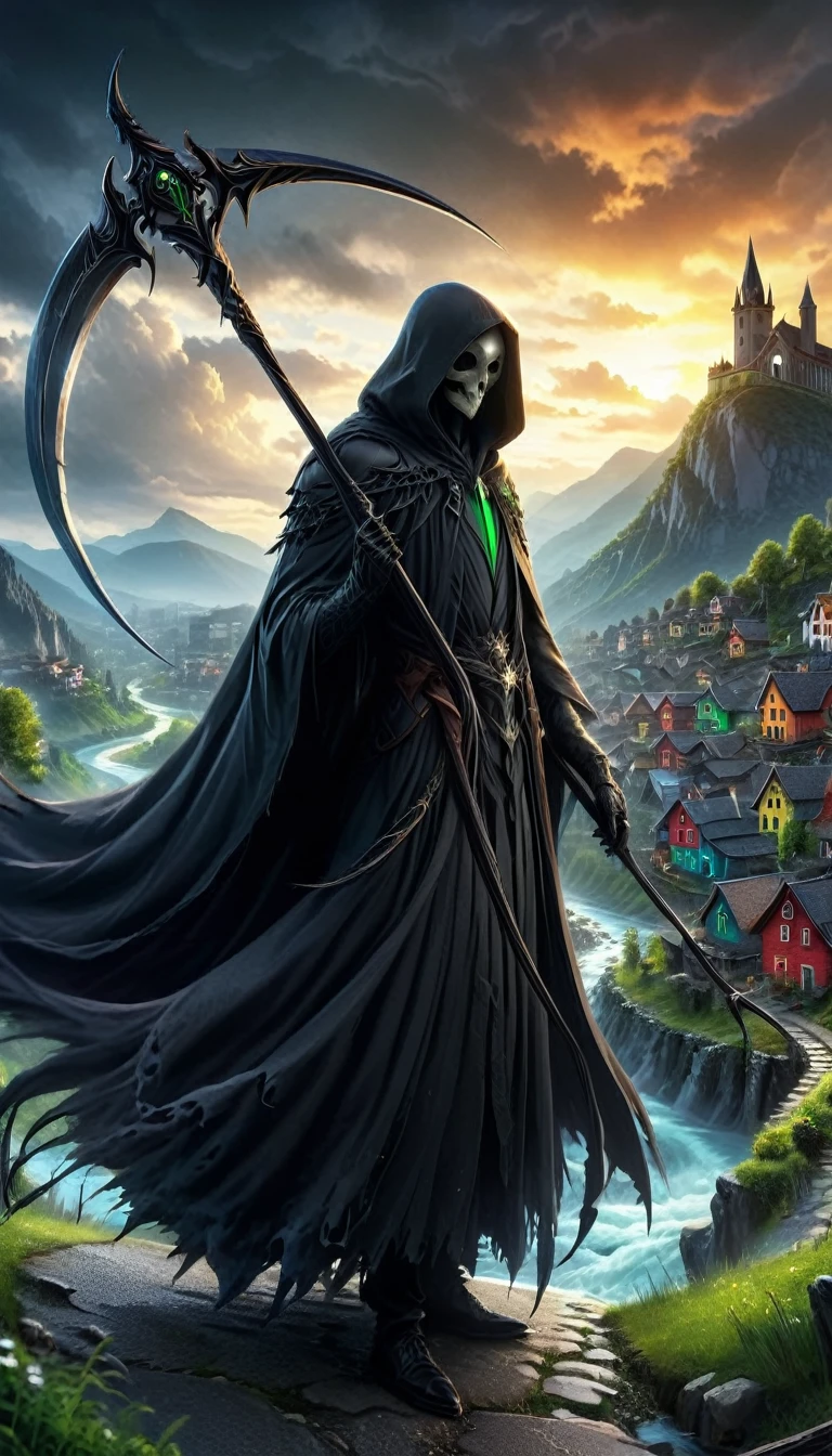 dark and doomy, post-apocaliptic world, dark and moody black grim reaper with the great death scythe, detailed, detailed face of reaper, 