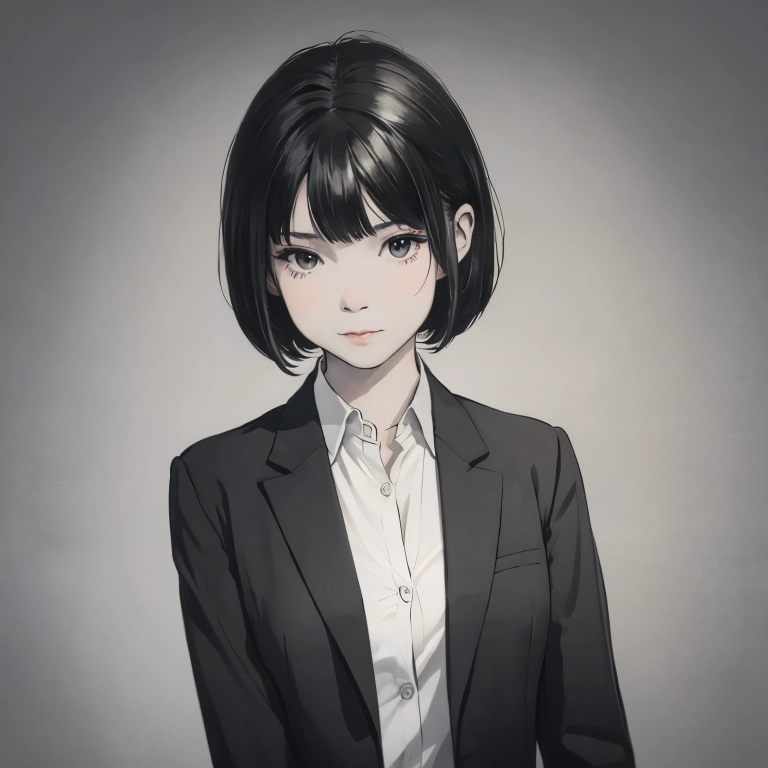 ((solo, 1girl)), face, asian, standing, , black blazer, black pleated skirt, red bow on collar, bob short hair, bob haircut:1, average height, black hair,
