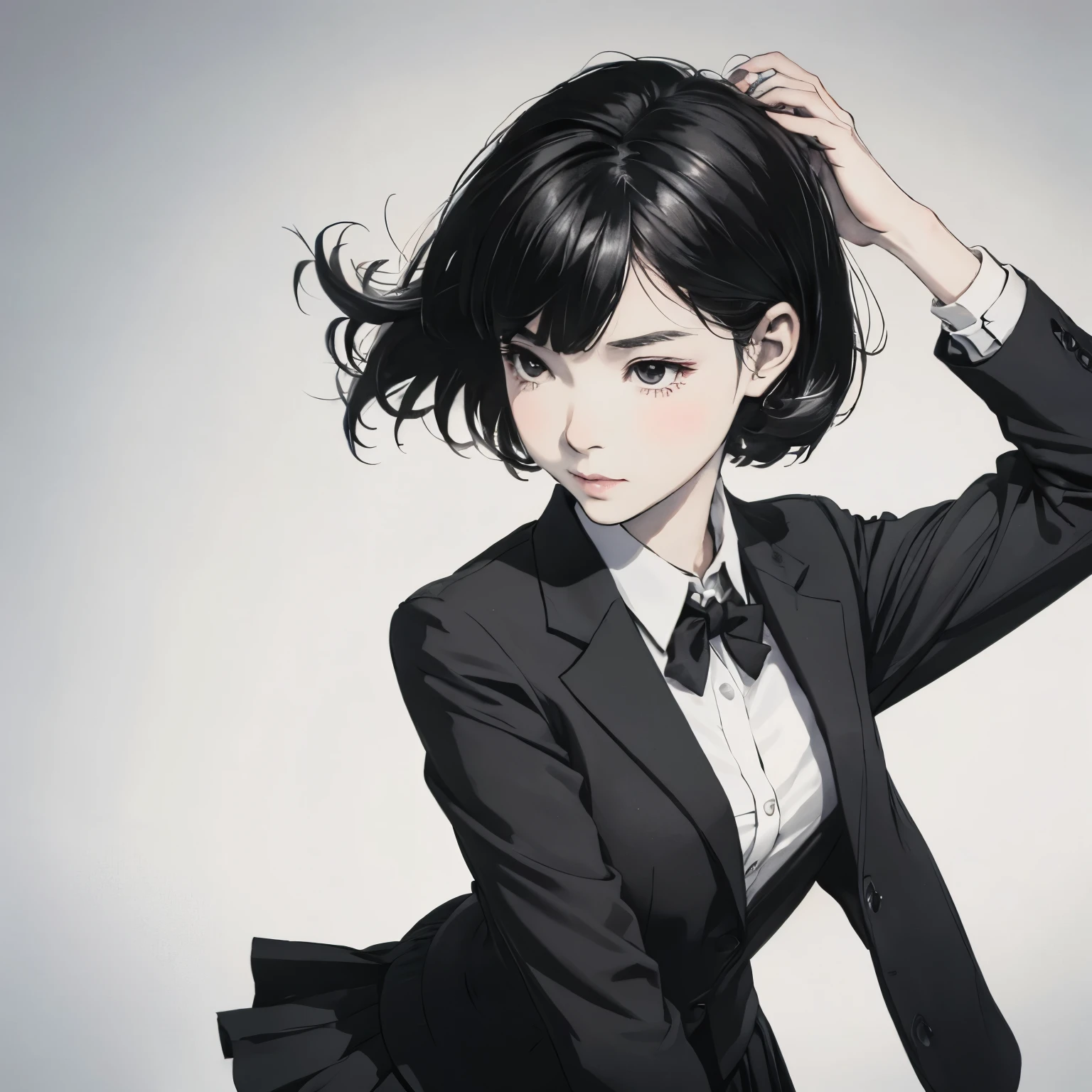 ((solo, 1girl)), face, asian, standing, , black blazer, black pleated skirt, red bow on collar, bob short hair, bob haircut:1, average height, black hair,
