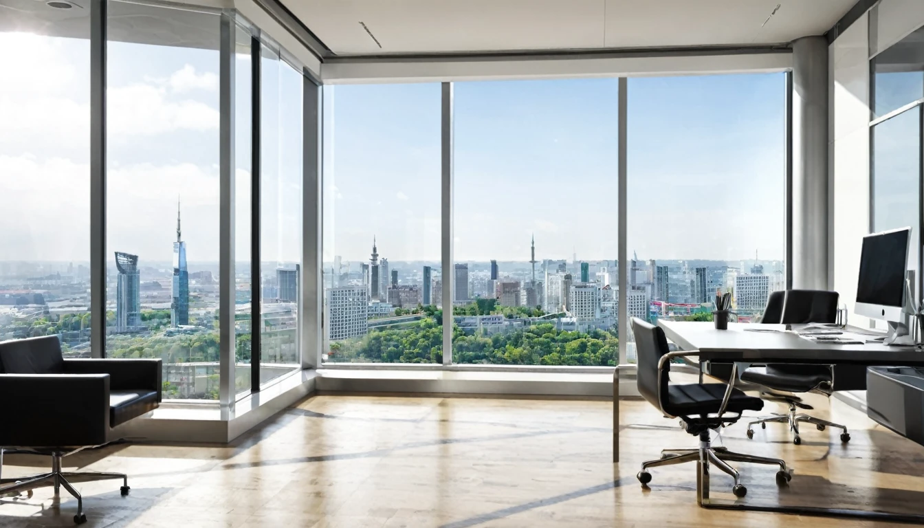 "Modern office with large windows and a city view"