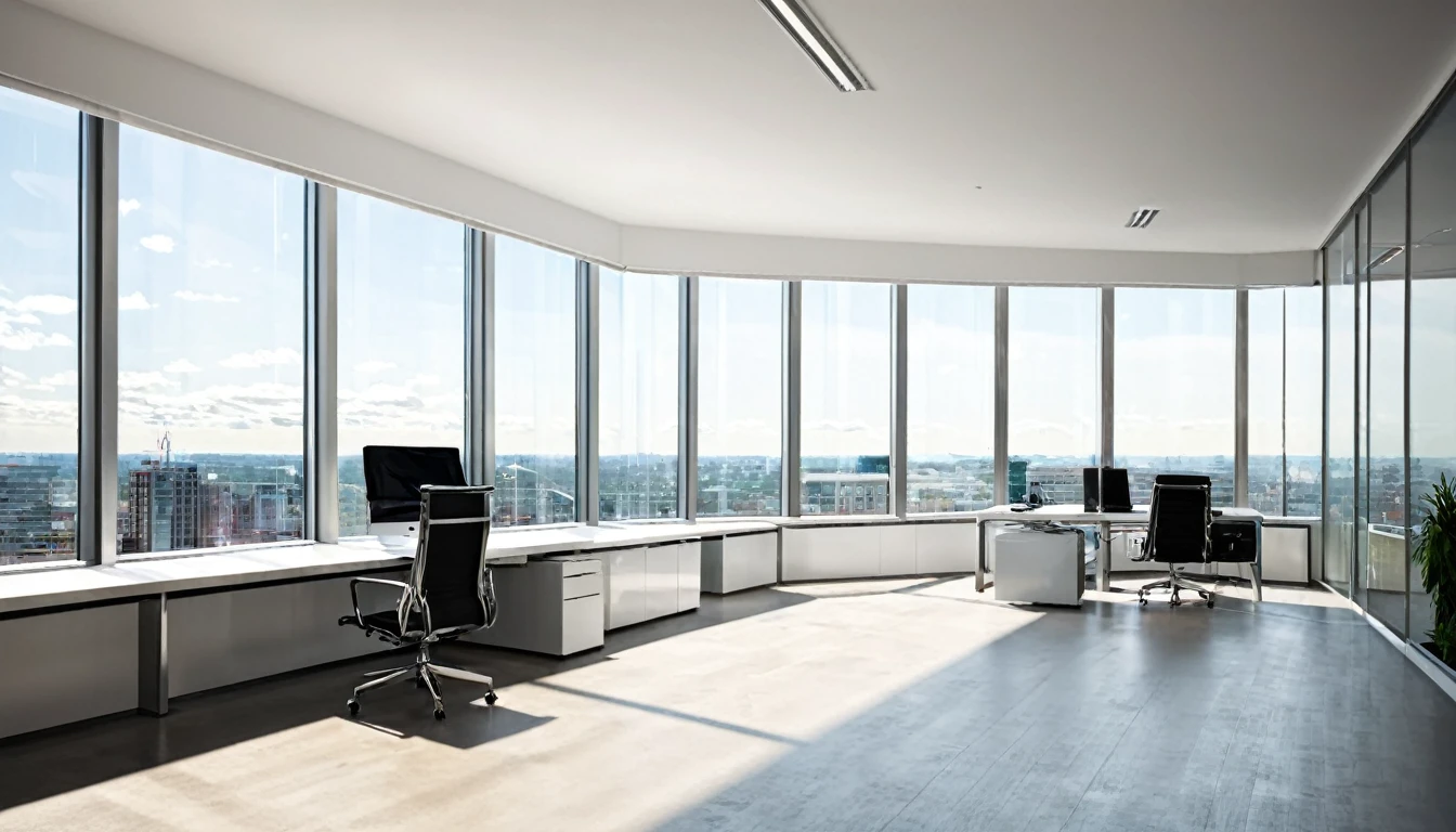 "Modern office with large windows and a city view"