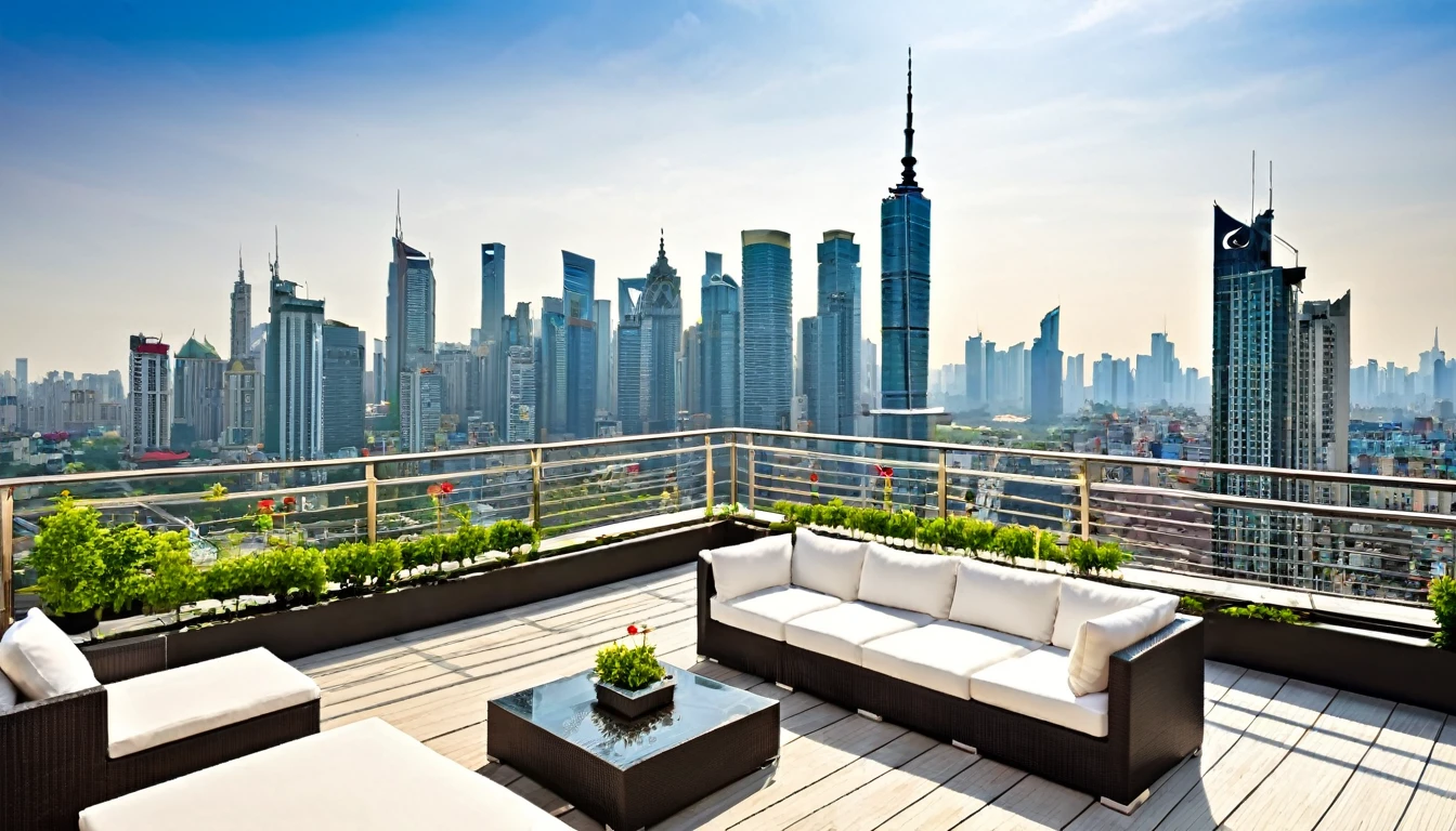 "City skyline view from a luxurious terrace"