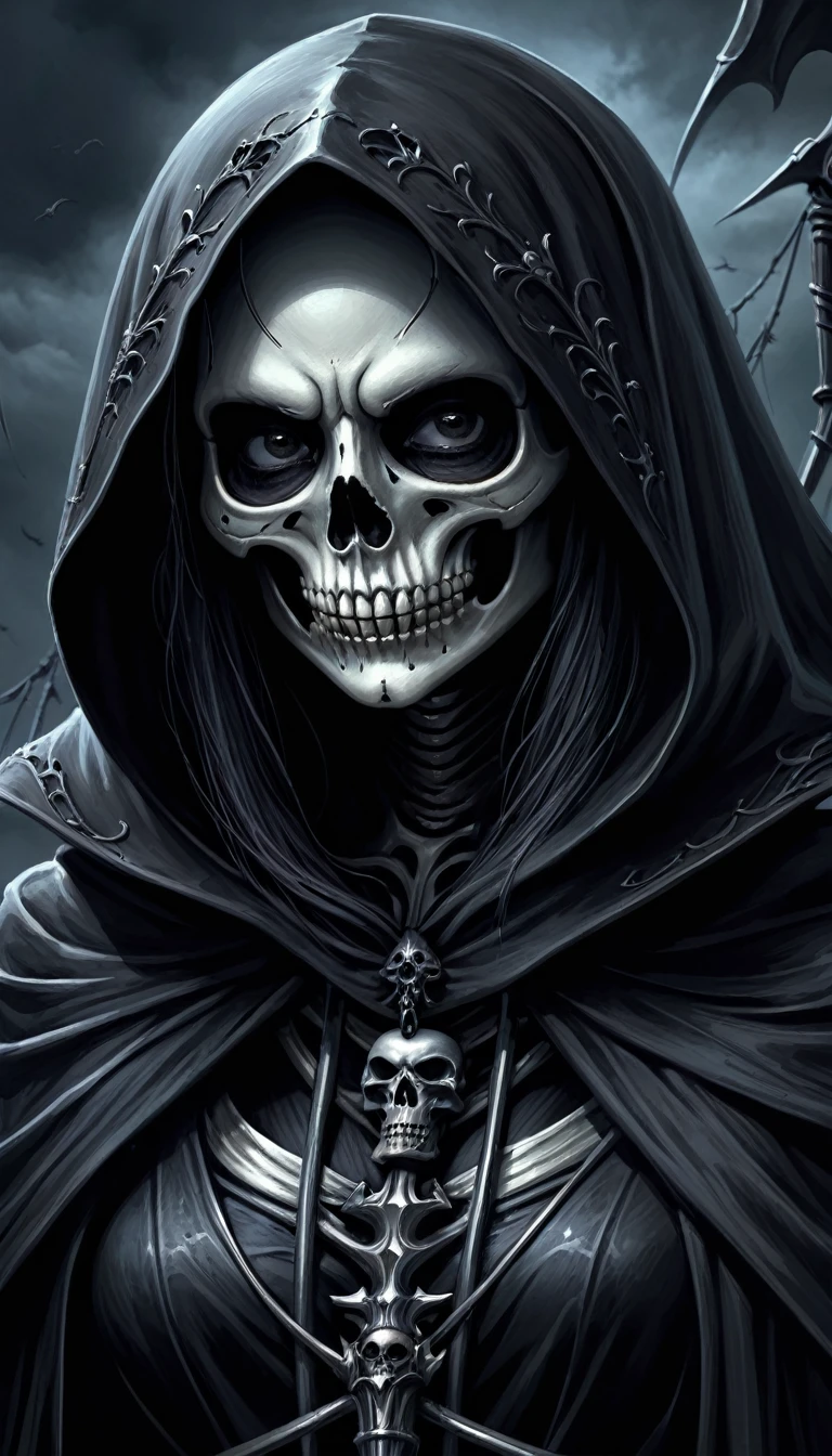 (realistic), (dark fantasy), Horror, dark and doomy, post-apocaliptic world, beautiful but scary womans skeleton as dark and moody black grim reaper, pointing with to viewer, detailed, detailed face of reaper, detailed, digital-painting, 