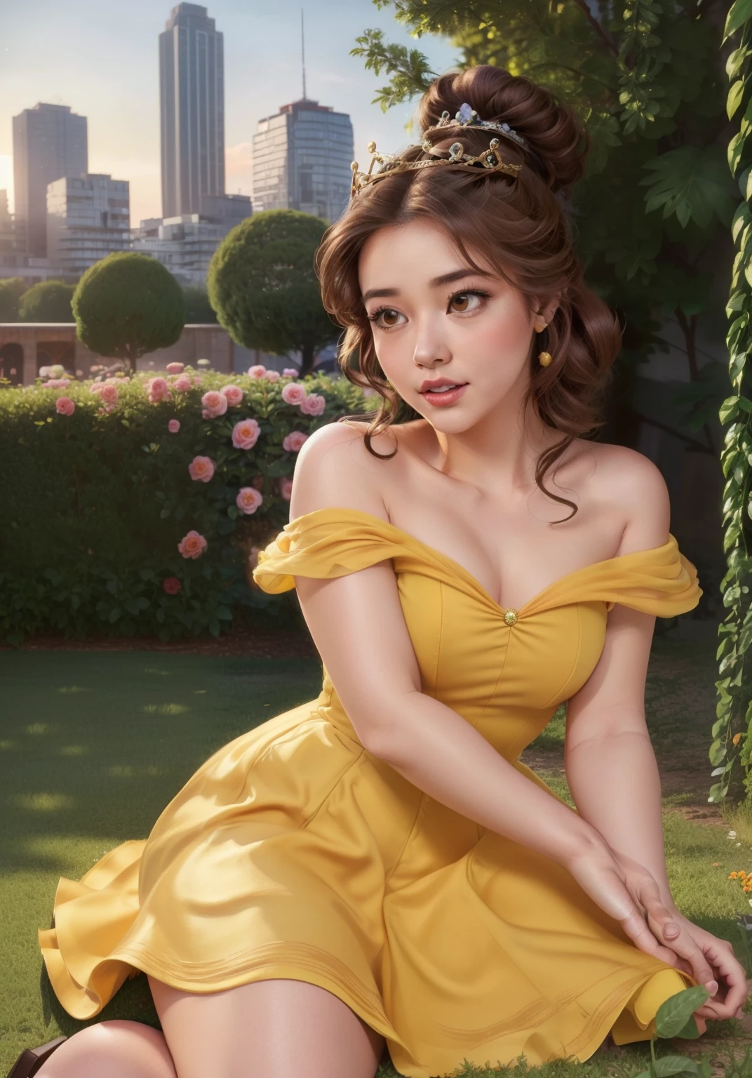 (Belle Waif:1), surprised, cute, cute pose, View Viewer, Thick thighs, (Yellow Dress:1.2), (Hair Bun, tiara) :d, Curvy, (Holding a red rose:1),

(Realistic:1.2), (realism), (masterpiece:1.2), (highest quality), (Super detailed), (8k, 4K, Complex),(Full Body Shot:1),(Cowboy Shot:1.2), (85mm),Particles of light, Lighting, (Very detailed:1.2),(Detailed face:1.2), (Gradation), SFW, colorful,(Fine grain:1.2),

(Detailed landscape, garden, plant, city:1.2),(Detailed Background),Detailed landscape, (Dynamic Angle:1.2), (Dynamic pose:1.2), (The rule of thirds_composition:1.3), (Course of action:1.2), Wide Shot, Dawn, alone,

