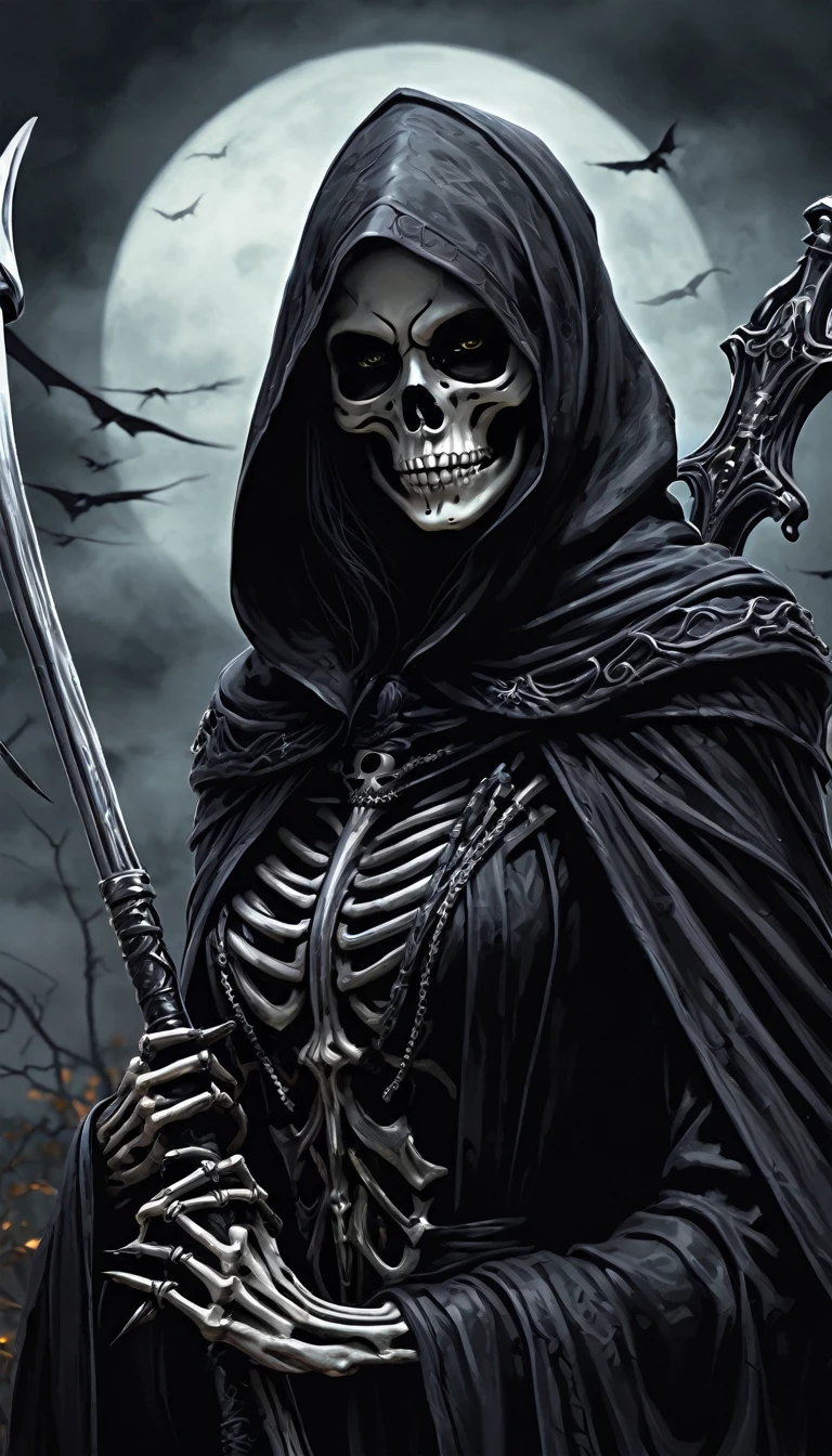 (realistic), (dark fantasy), Horror, dark and doomy, post-apocaliptic world, beautiful but scary womans skeleton as dark and moody black grim reaper, pointing with to viewer, detailed, detailed face of reaper, detailed, digital-painting, 