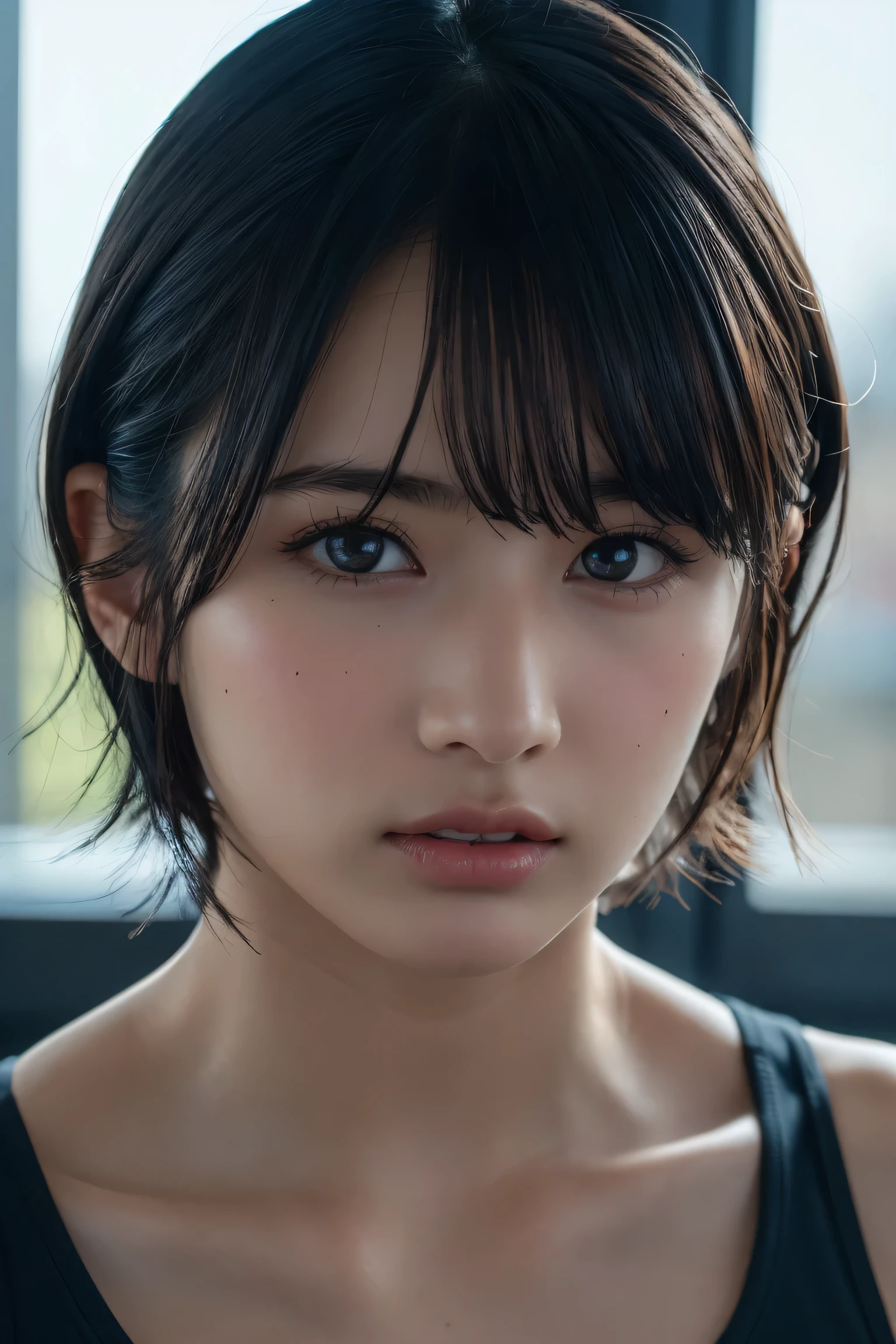 , long windblown [blue-black:.3] hair,looking at viewer, (masterpiece:1.3), (8k, photorealistic, RAW photo, best quality: 1.4), japanese, (1girl), beautiful face, (realistic face), (black hair, short hair:1.3), beautiful hairstyle, realistic eyes, beautiful detailed eyes, (realistic skin), beautiful skin, attractive, ultra high res, ultra realistic, highly detailed, Wrestling Team - snug wrestling singlets.