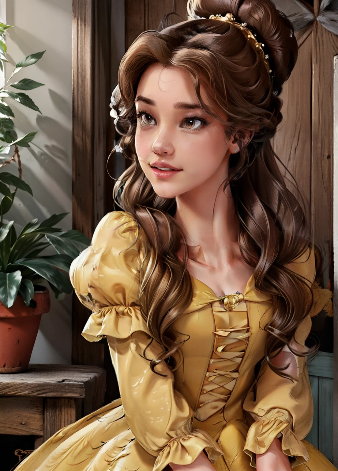 One girl, A female character with brown hair styled in a twisted bun and slightly loose curls, Fair skin, Hazel Eyes, Wearing a loose yellow ball gown with ruffle details、She wears a frilly white petticoat underneath, Princess Belle
